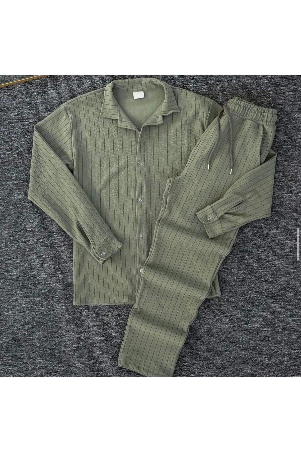 NewCabin Premium Krep Kumaş Çizgi Detaylı Unisex Gömlek ve Pantolon Takım