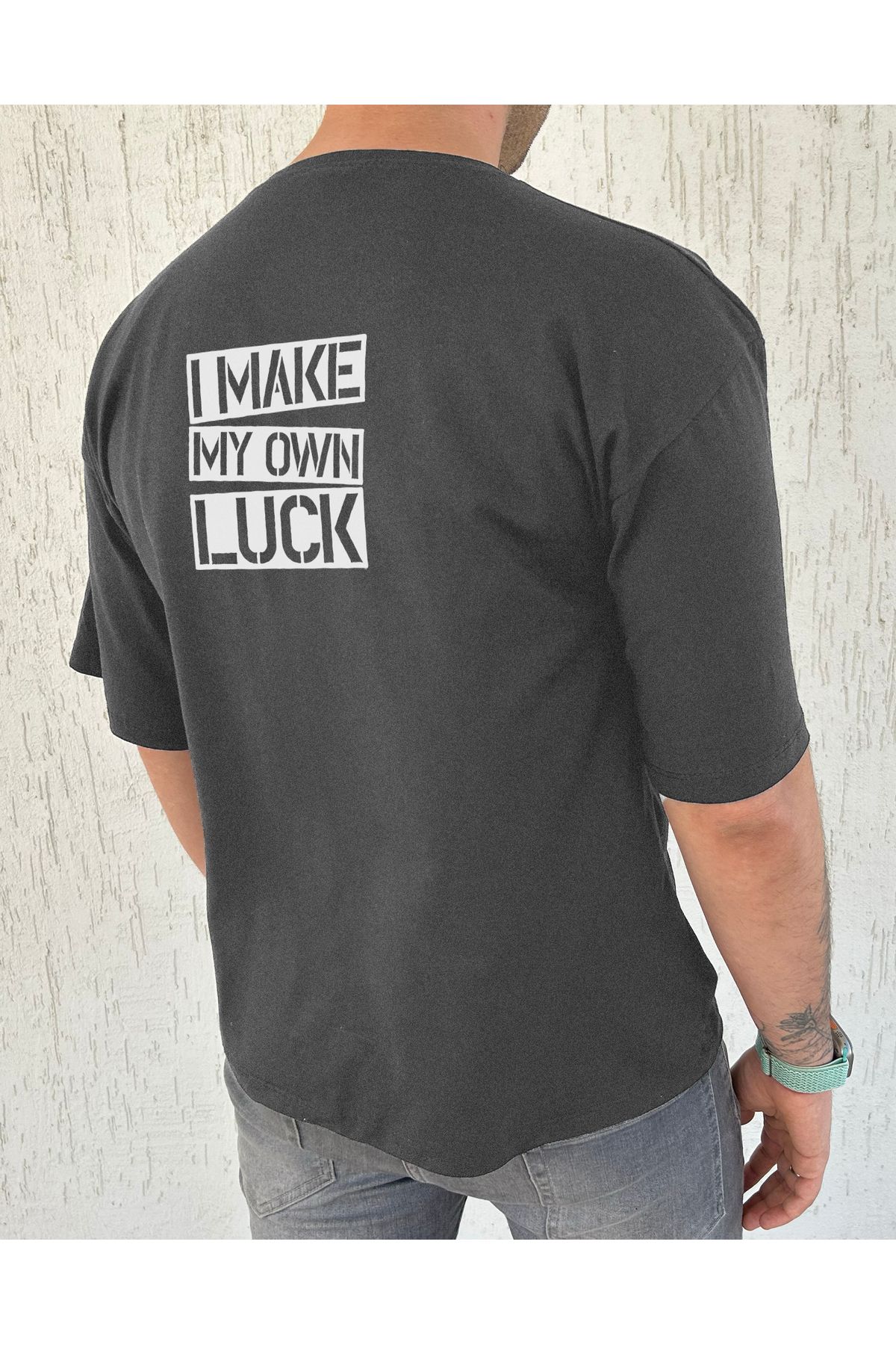 ClubSpaceAstro I MAKE MY OWN LUCK Baskılı %100 Pamuk Oversize Erkek Tişört – Güçlü Mesaj, Rahat Kalıp