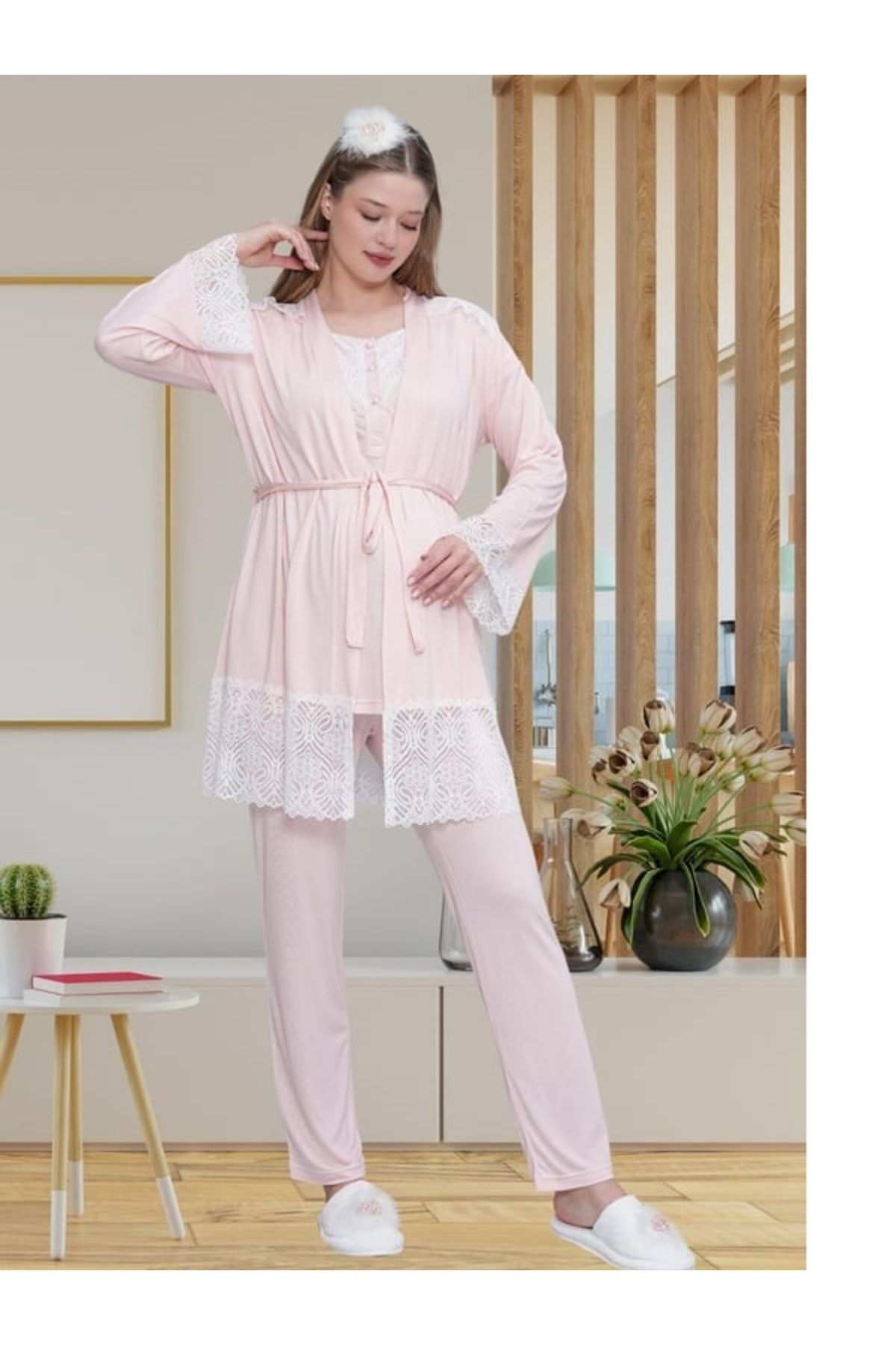 EM&FA TEKSTİL Dantel Detaylı Hamile Lohusa 3LÜ Pijama Takımı