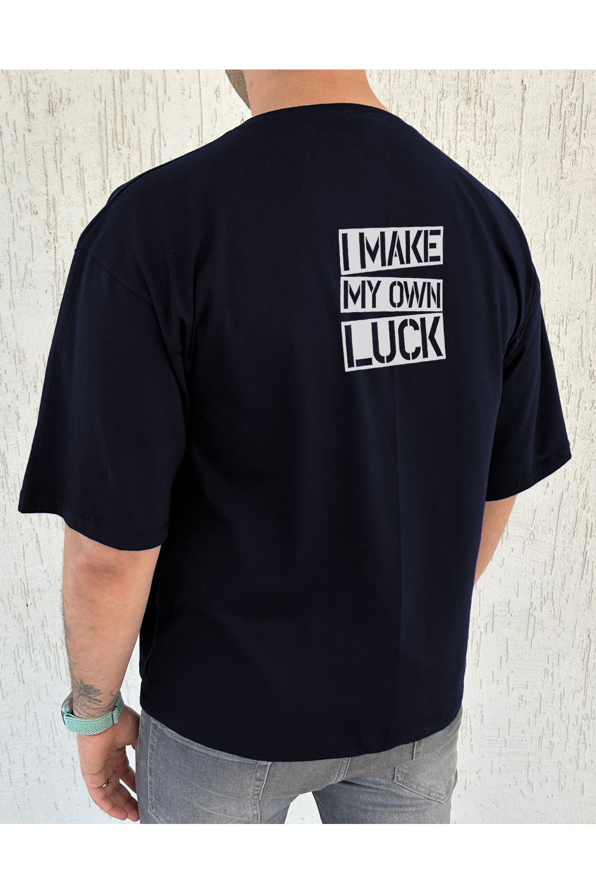 ClubSpaceAstro I MAKE MY OWN LUCK Baskılı %100 Pamuk Oversize Erkek Tişört – Güçlü Mesaj, Rahat Kalıp