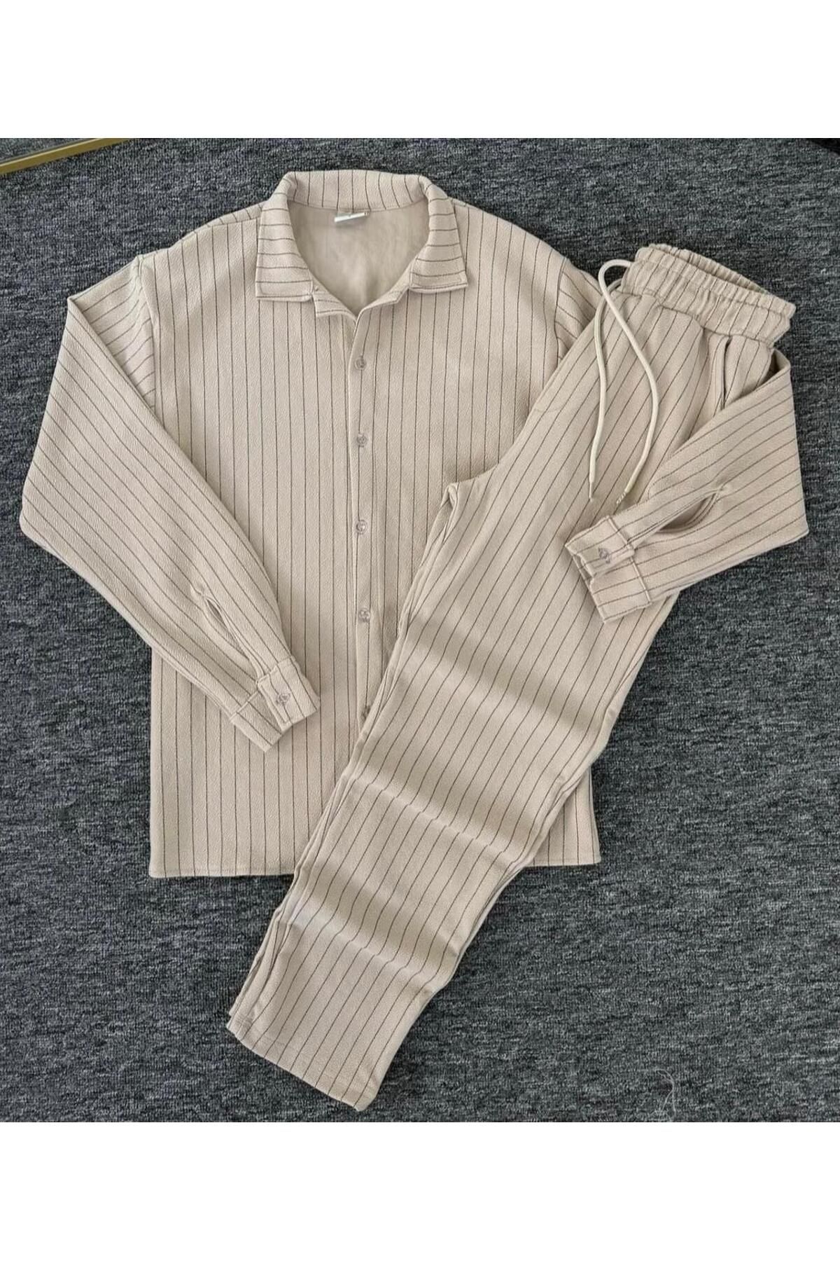 NewCabin Premium Krep Kumaş Çizgi Detaylı Unisex Gömlek ve Pantolon Takım