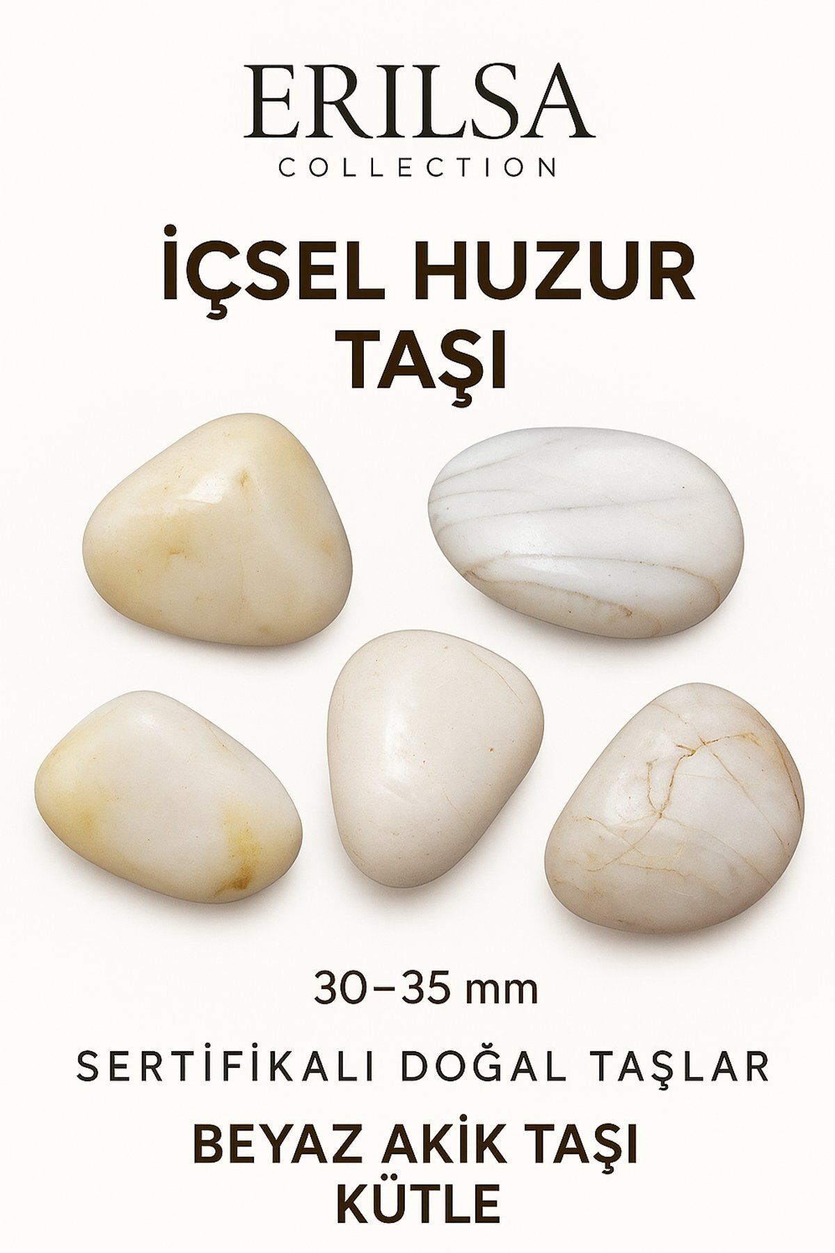 Erilsa Sertifikalı Tamburlanmış Beyaz Akik Taşı Kütle - El Taşı - Sakinlik, Saflık Günlük Enerji Desteği