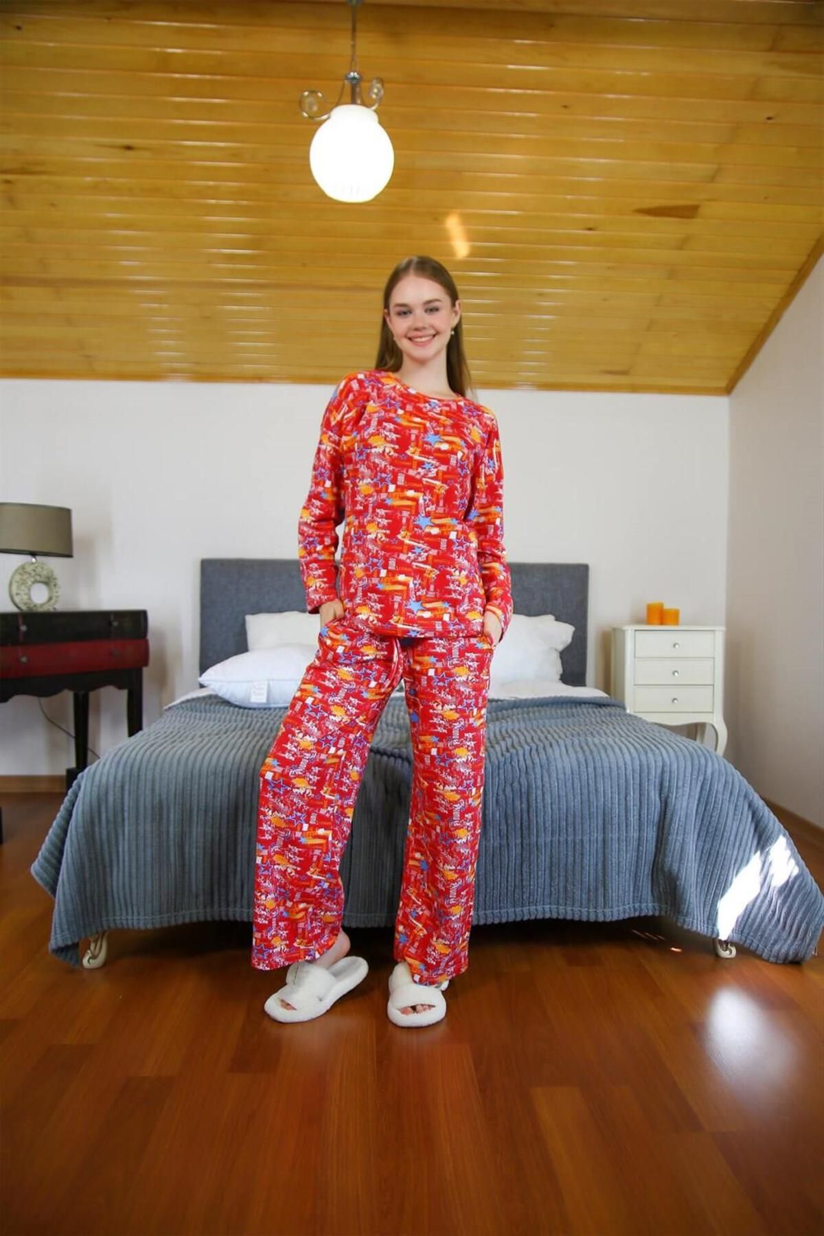 PuShe moda çizgi Kadın Penye Bol Paça Pijama Takım 4127