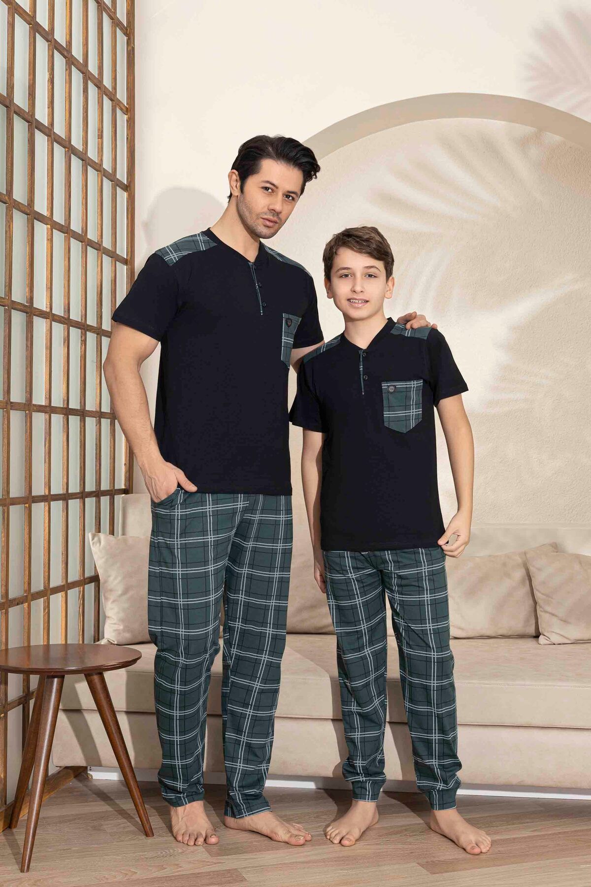 Tarık Baba Oğul Kombin Kısa Kollu Ekoseli Uzun Alt Penye Kumaş Orta Kalın V Yaka Pijama Takımı-3993
