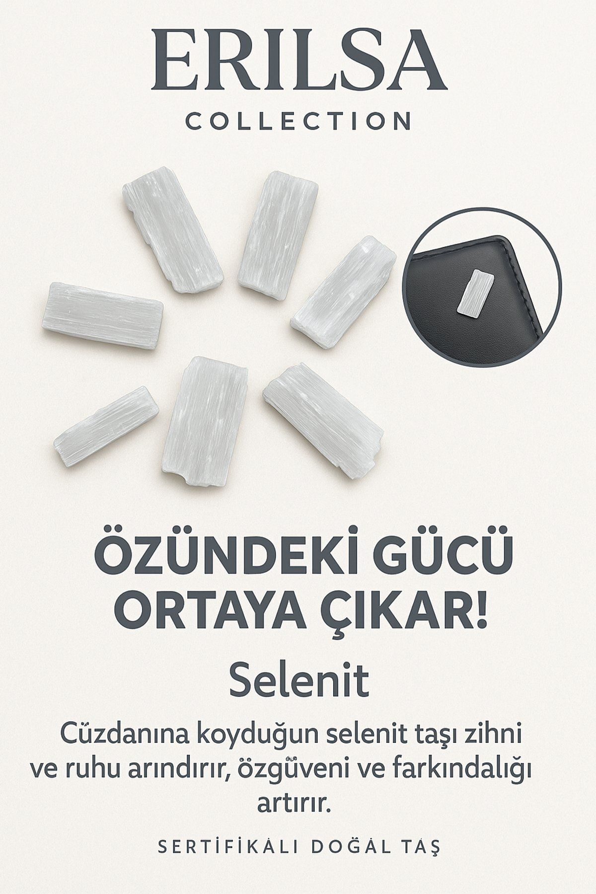 Erilsa Sertifikalı Cüzdan Boy Ham Selenit Taşı Kütle - Arınma, Berraklık ve Günlük Enerji Temizliği