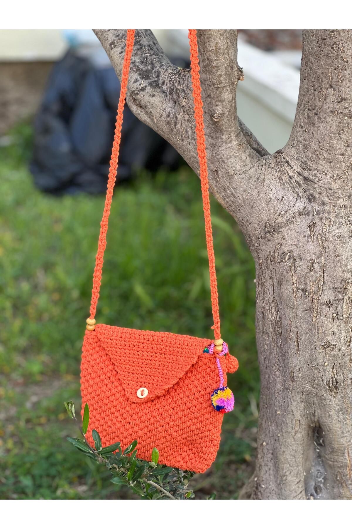 ORGANICMIRA Turuncu El Örgüsü Vintage Omuz Çantası