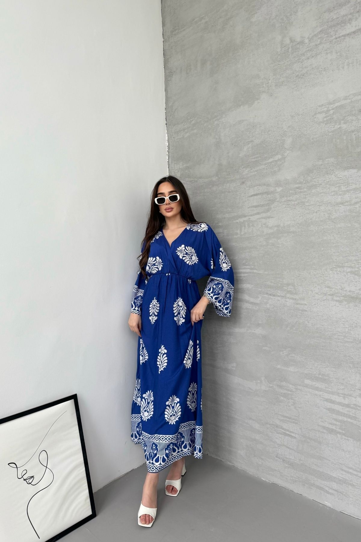 mezqa  Otantik Desenli Mavi Uzun Kollu Elbise - Görsel 3