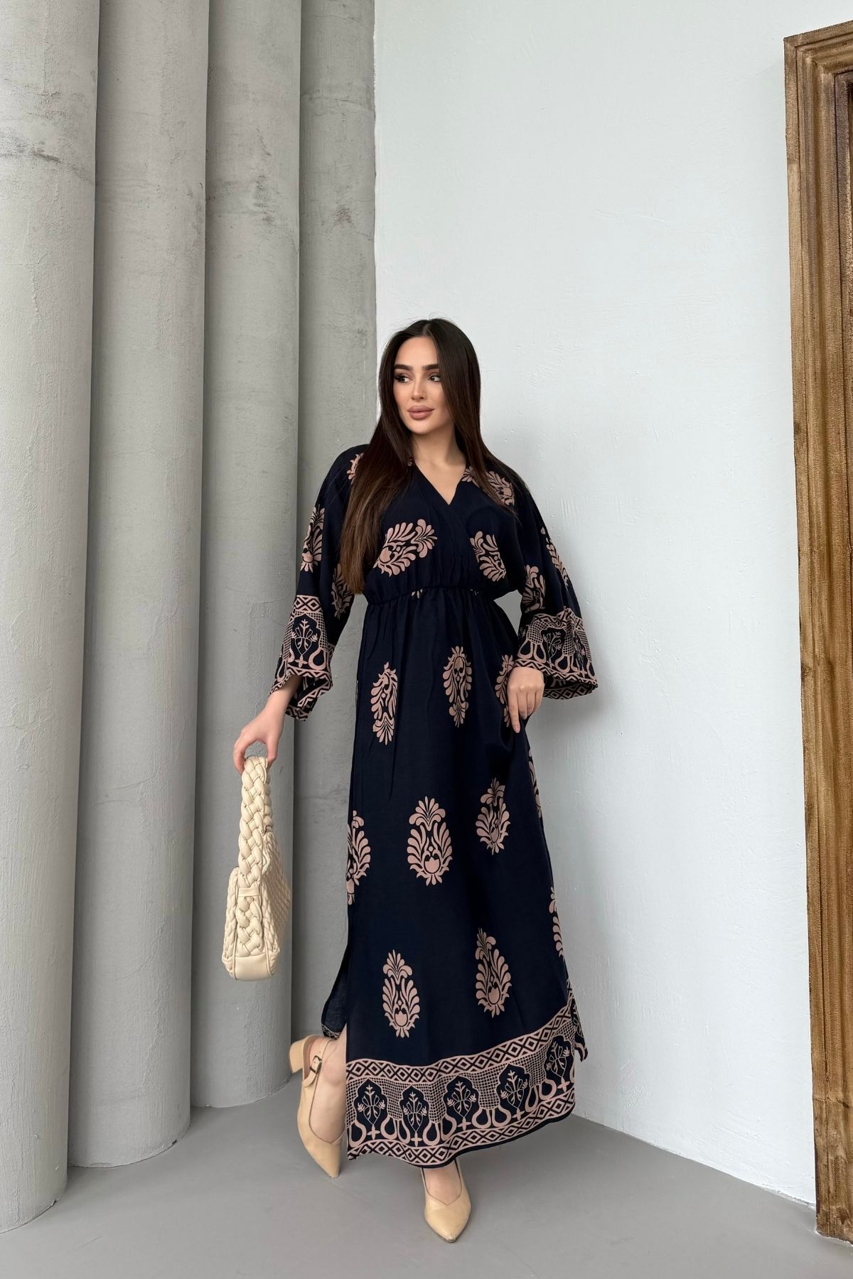 Mezka Otantik Desenli Siyah Uzun Kollu Elbise