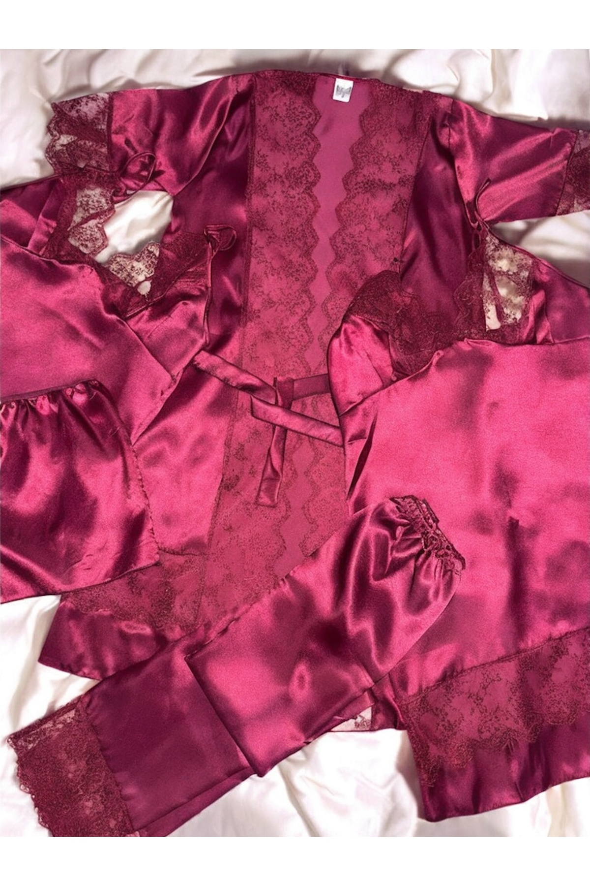 SATTENS 5li Bordo çeyizlik saten kadın gecelik çeyiz seti + kutu hediye