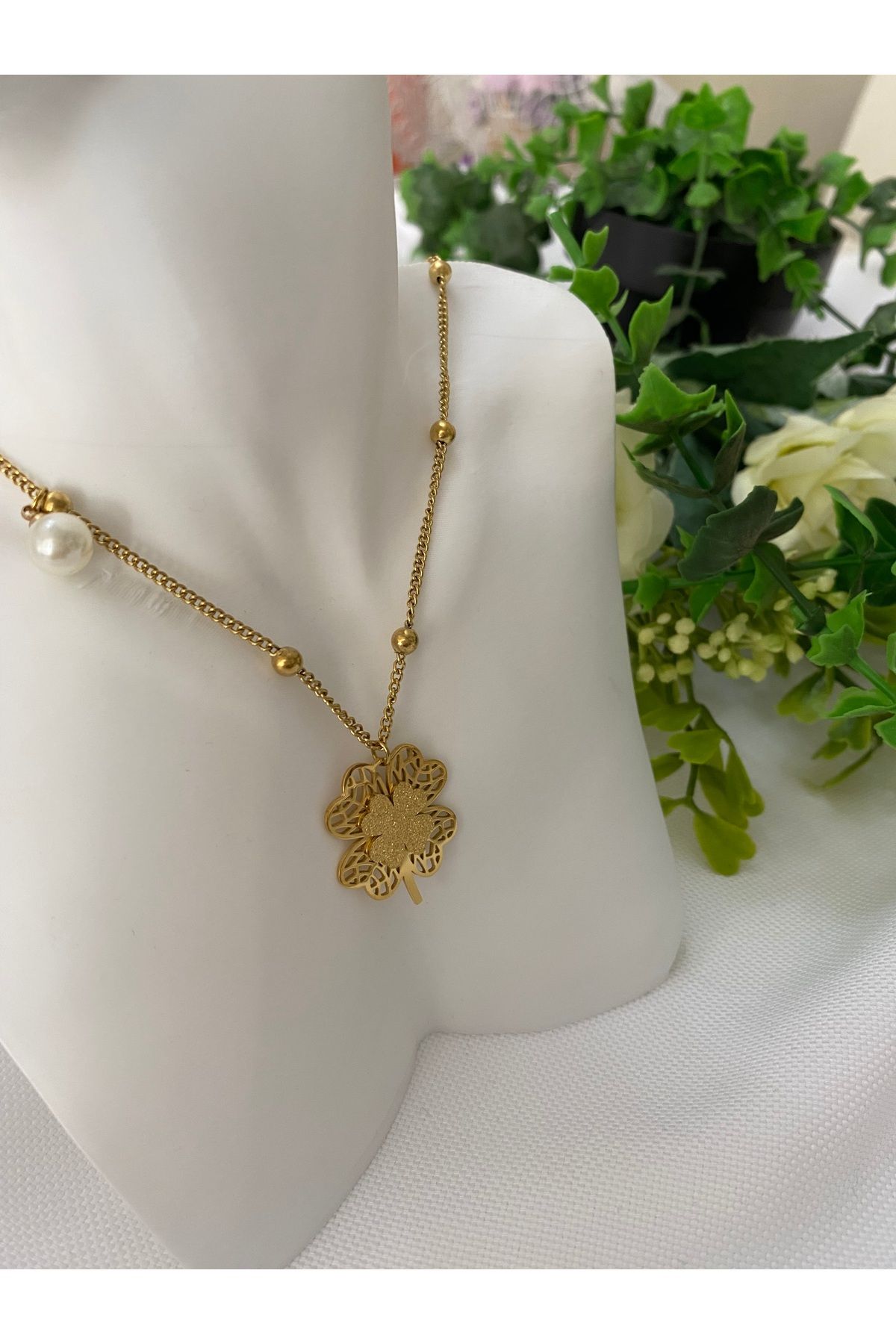 asem jewelry ÇELİK İNCİ DETAYLI YONCA KOLYE