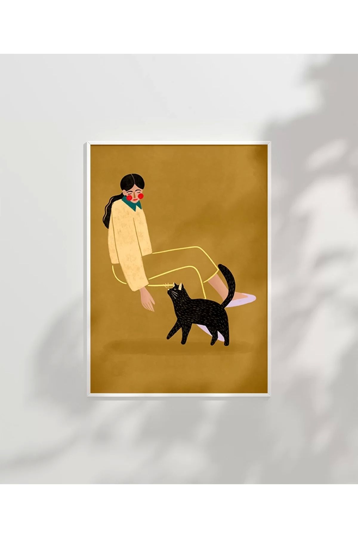 VOGLOO Çerçevesiz Poster Kedi ve Kadın İllüstrasyon