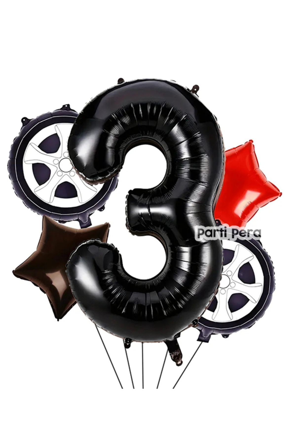 parti pera 3 Yaş Yarış Konsept Uyumlu Siyah Rakam Folyo Balon Yıldız Folyo Balon Tekerlek Folyo Balon Seti