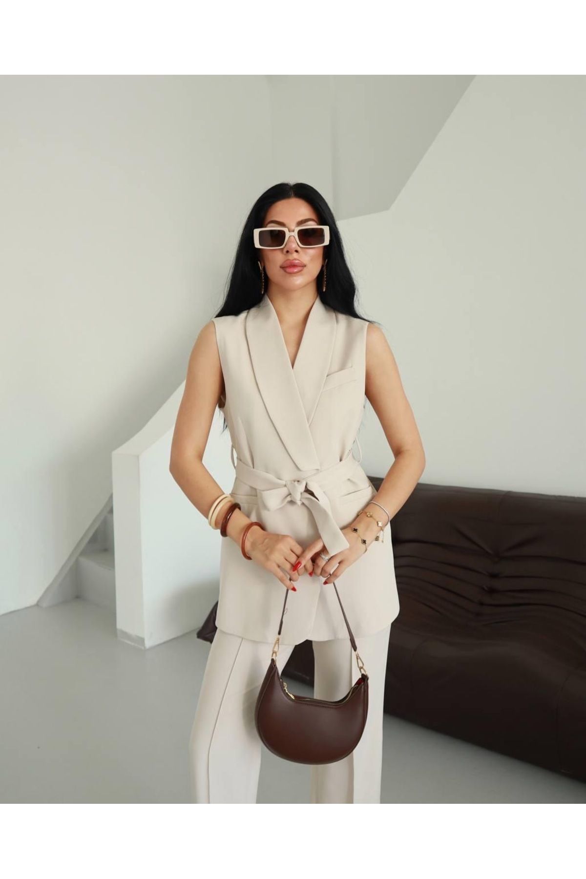 Ekim Store Yelekli Kuşaklı İkili Blazer Takım