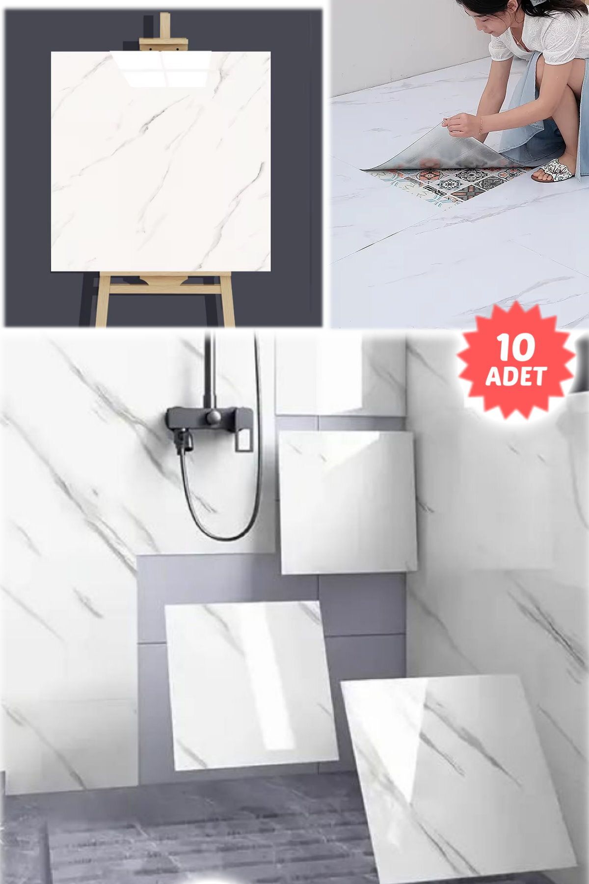 Munico 10 Adet Su Geçirmez Beyaz Duvar Stickerı 3D Duvar Dekor Duvar Kağıdı Banyo Mermer 60x30cm Yapışanlı