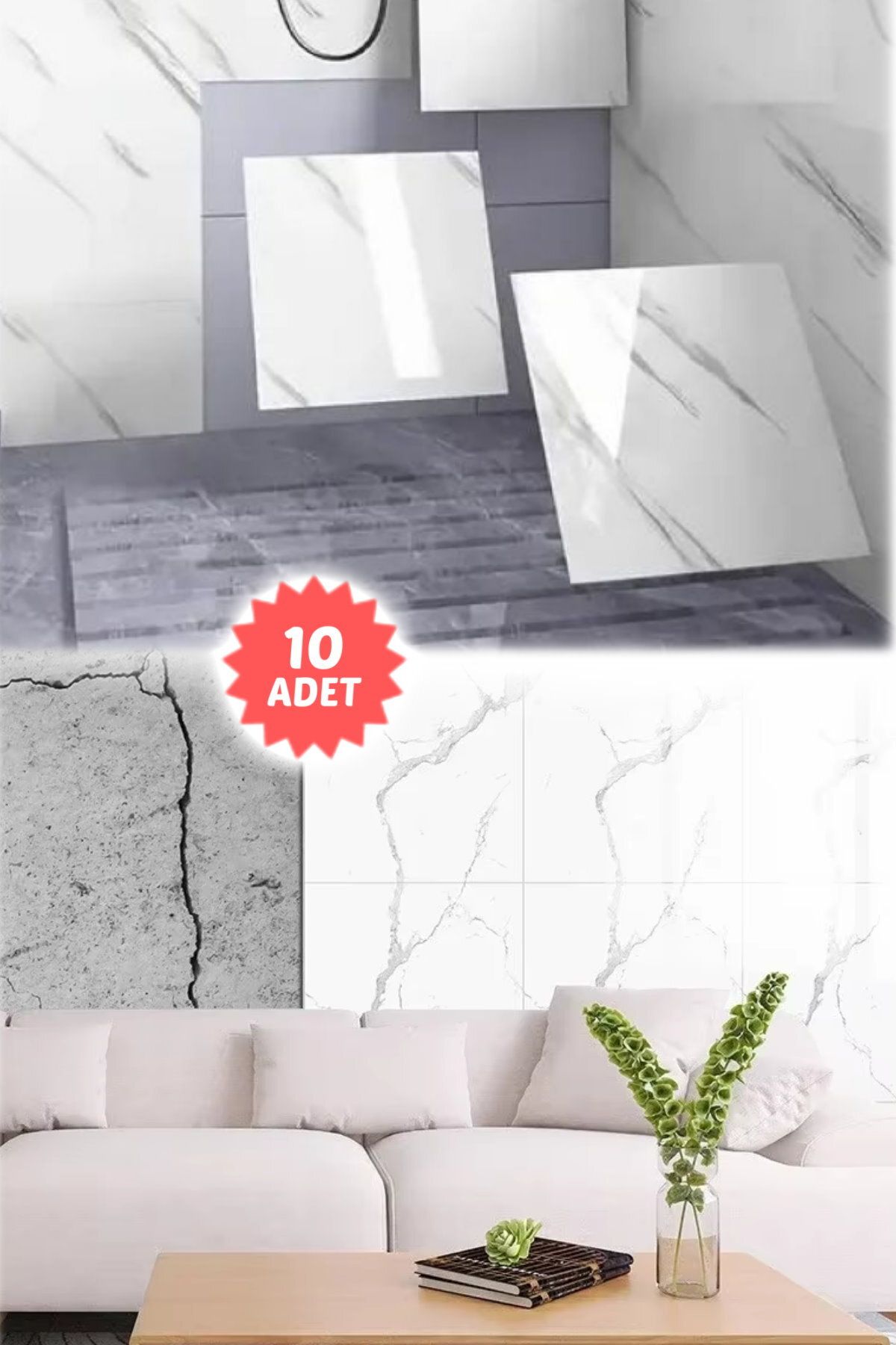 Munico 10 Parça Beyaz 30x30 Fayans Mermer Duvar Fayans Kendinden Yapışkanlı Ev Dekorasyonu Banyo Yalıtım