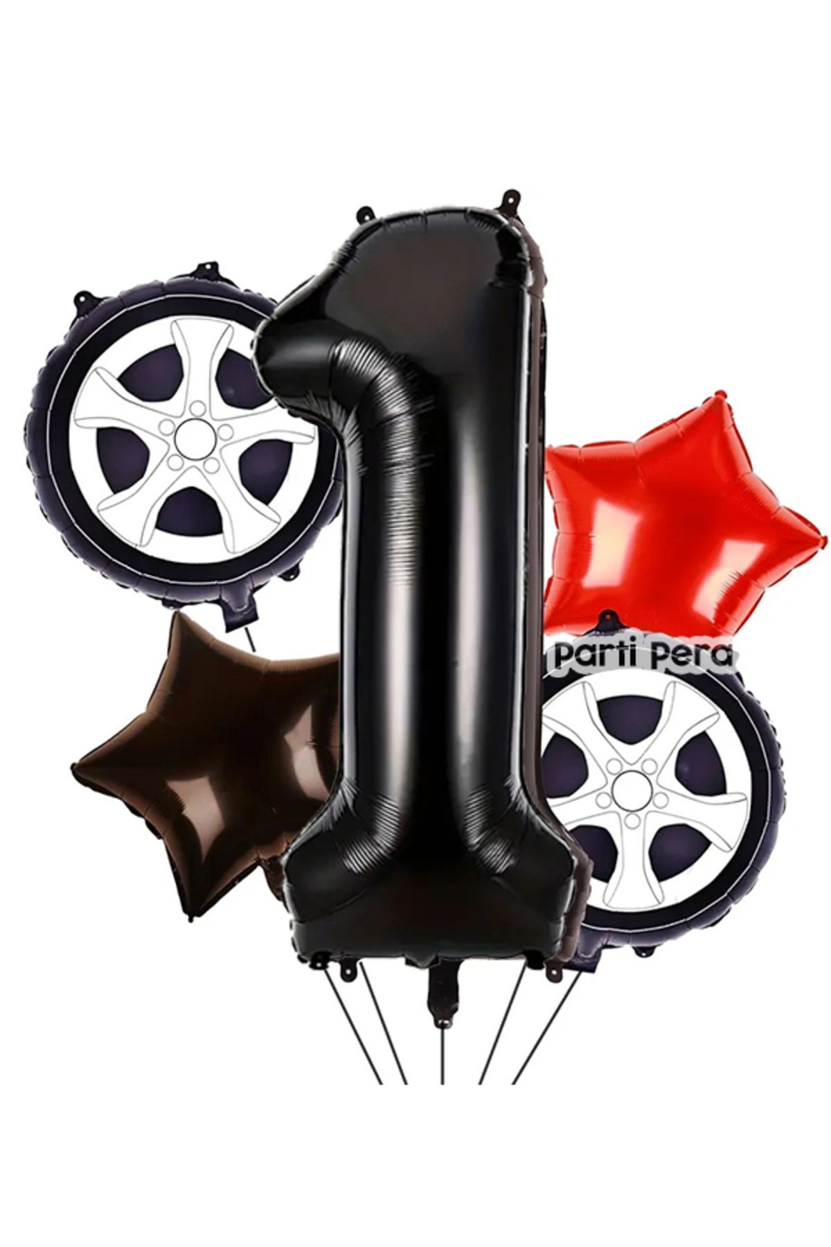 parti pera 1 Yaş Yarış Konsept Uyumlu Siyah Rakam Folyo Balon Yıldız Folyo Balon Tekerlek Folyo Balon Seti