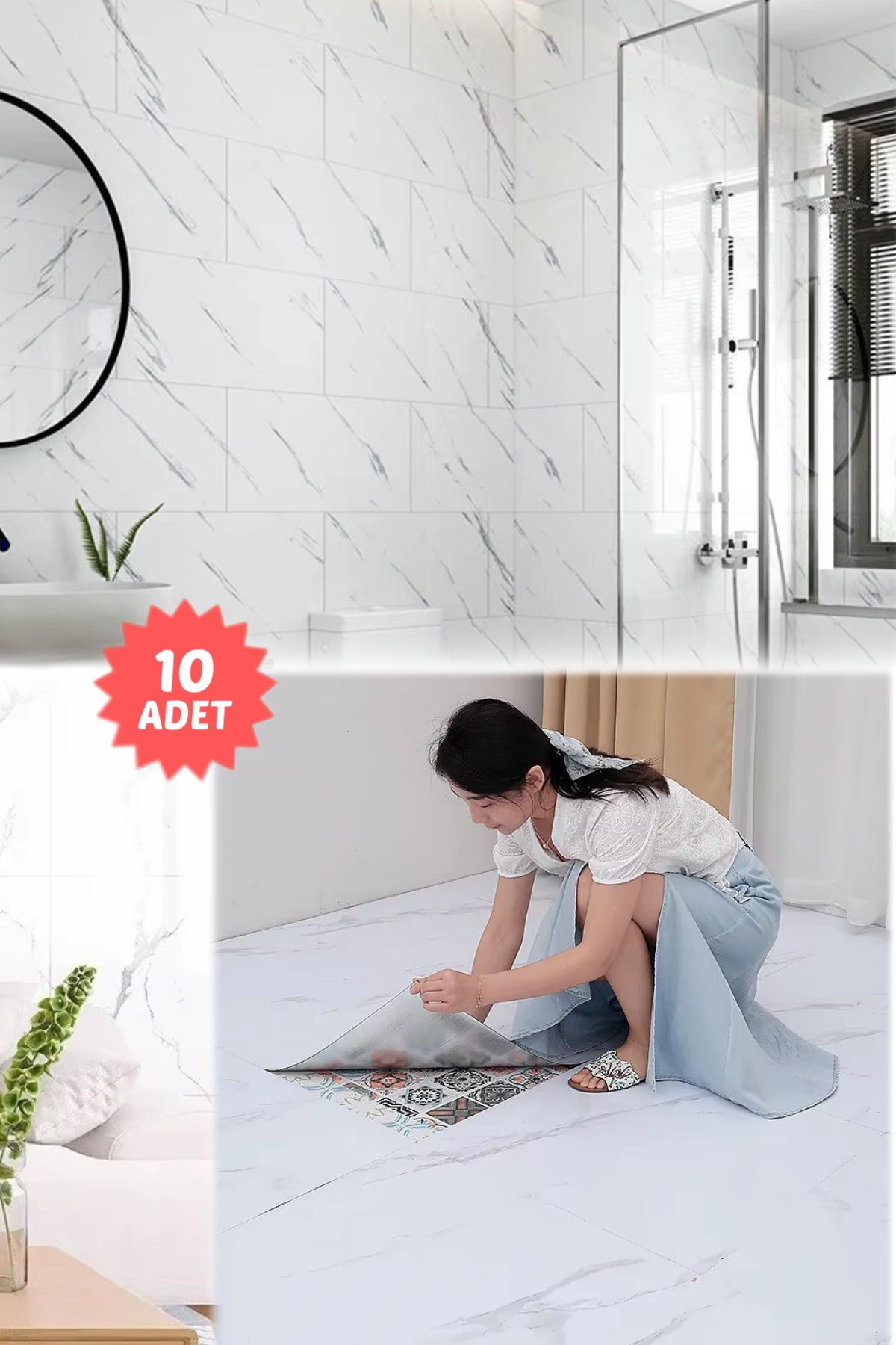 Munico 10PC 30x30 Cm Kendinden Yapışkanlı Beyaz 3D Şık Fayans Duvar Yapıştırma Duvar Kağıdı Dekorasyon