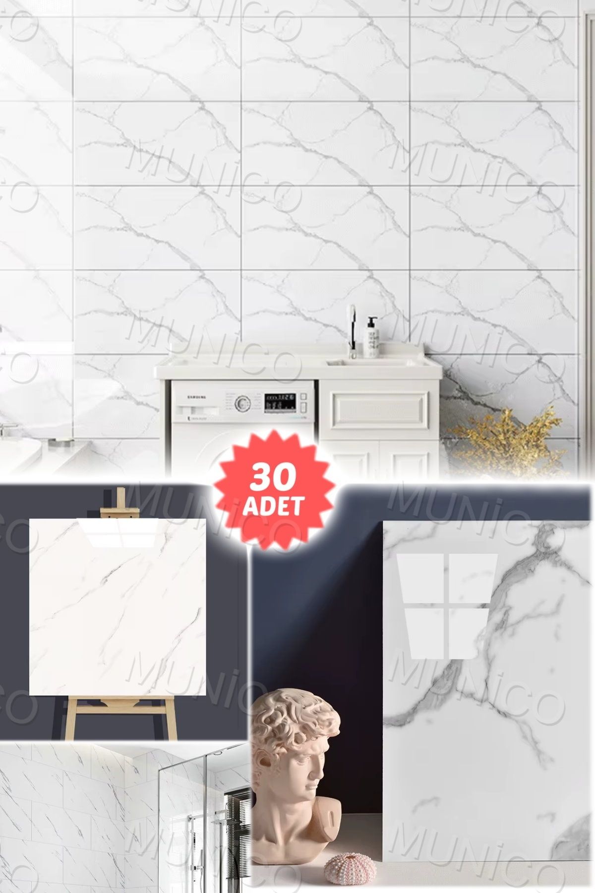 Munico 30 Adet 30x30cm Beyaz Modern Su Geçirmez Duvar Çıkartmaları Kendinden Yapışkan Fayans Etiket Zemin