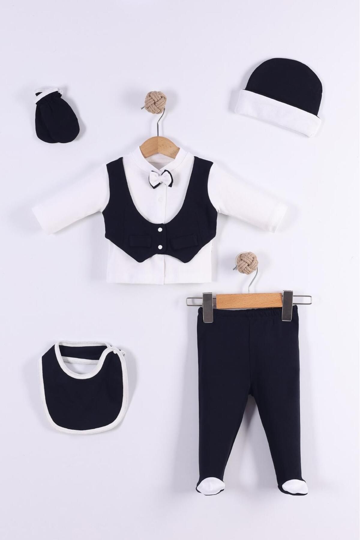 Butik Siyah Papyonlu 5'li hastane çıkışı % 100 Pamuk Yeni Doğan seti