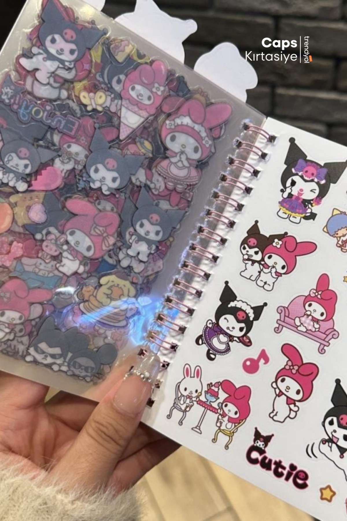 caps office-Kuromi & My Melody Sticker + Notebook Set with 2 Keychains 16 Sheets Sticker 8 Sheets Note 3