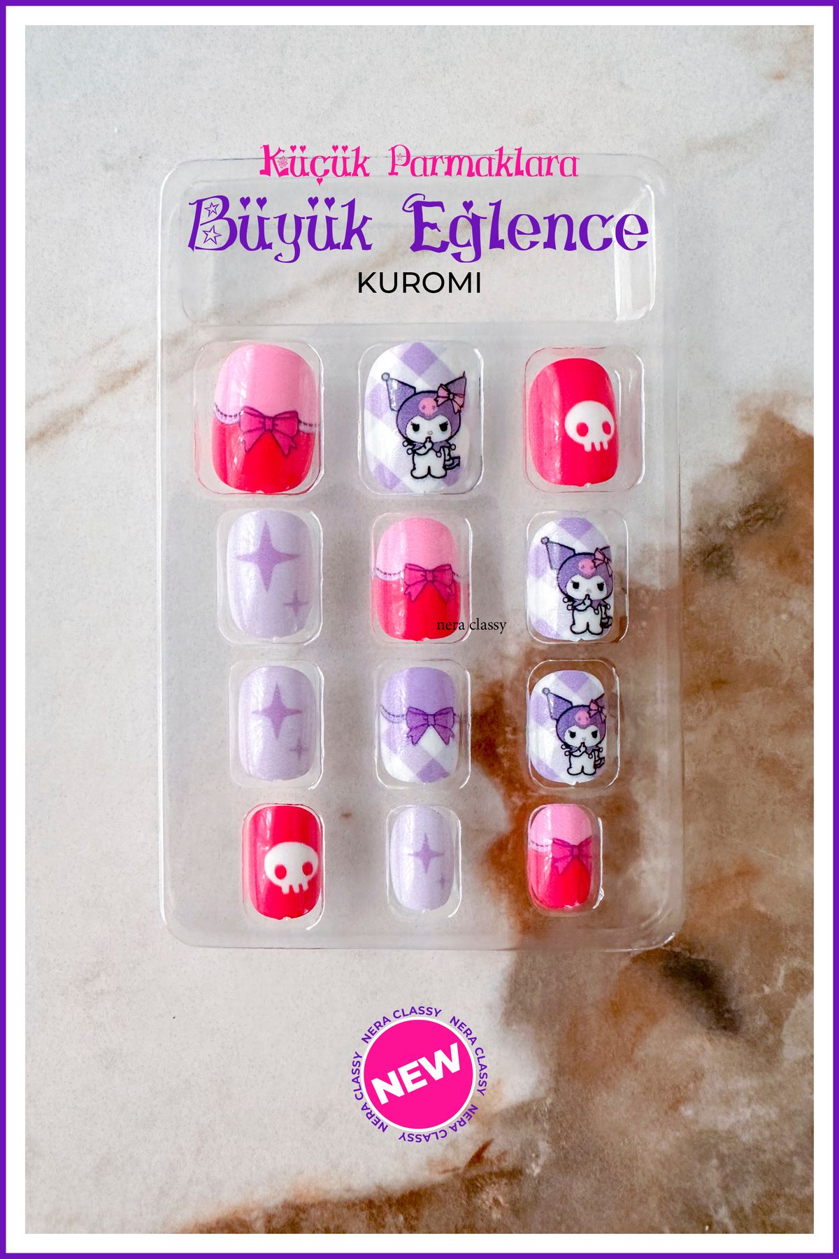 Nera Classy Kuromi Çocuk Takma Tırnak Seti, New Sevimli Kuromi Çocuk Takma Tırnak