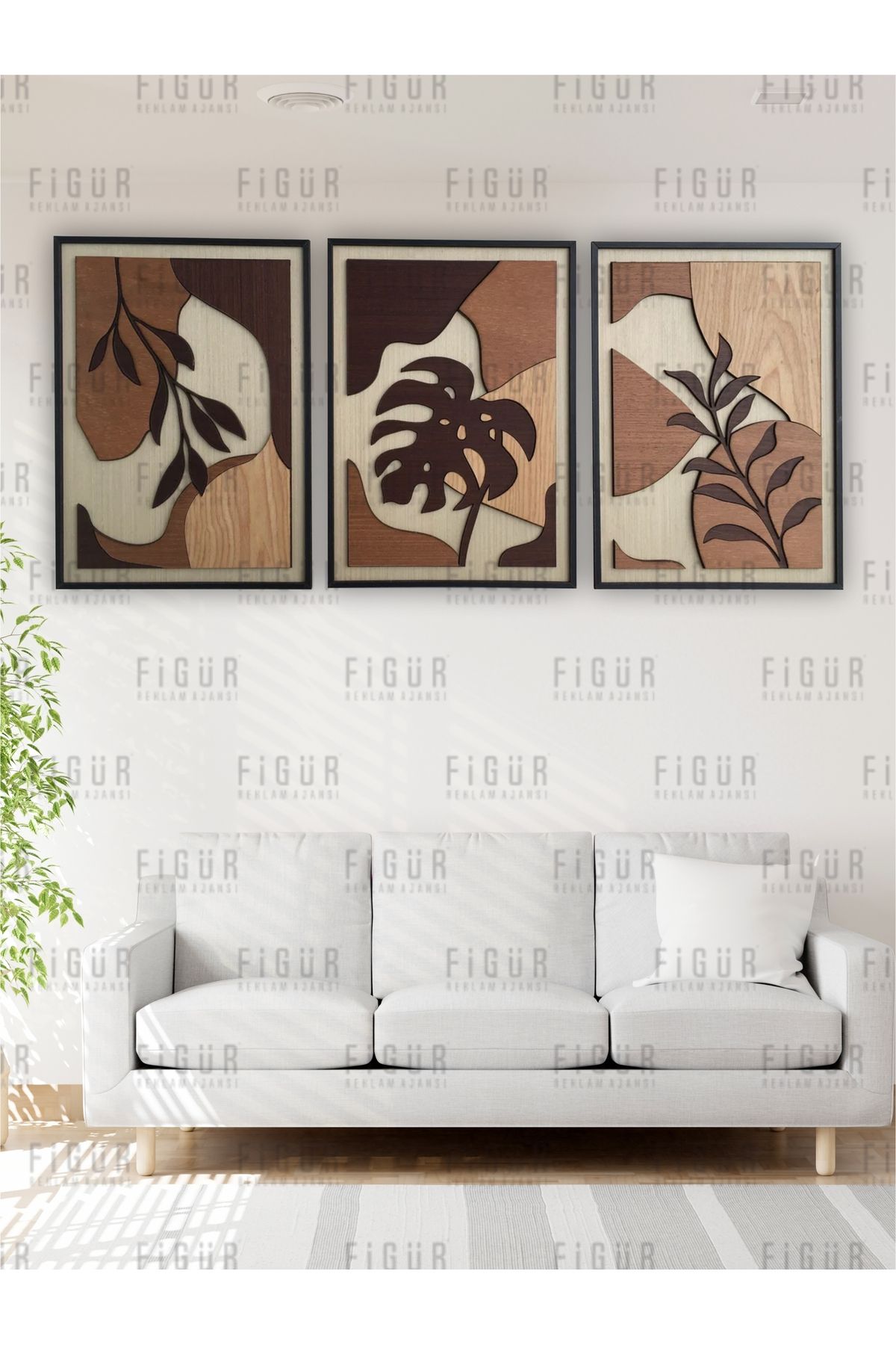 medyarella 2 Kat MDF Lazer Kesim Yaprak Desenli 3’lü Duvar Tablosu | Doğal Ahşap Dokulu Premium Tasarım