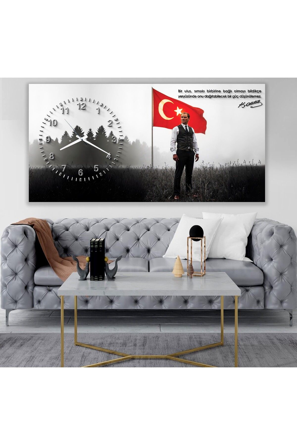 EMYA HOME Saatli Atatürk Panoramik Kanvas Tablo