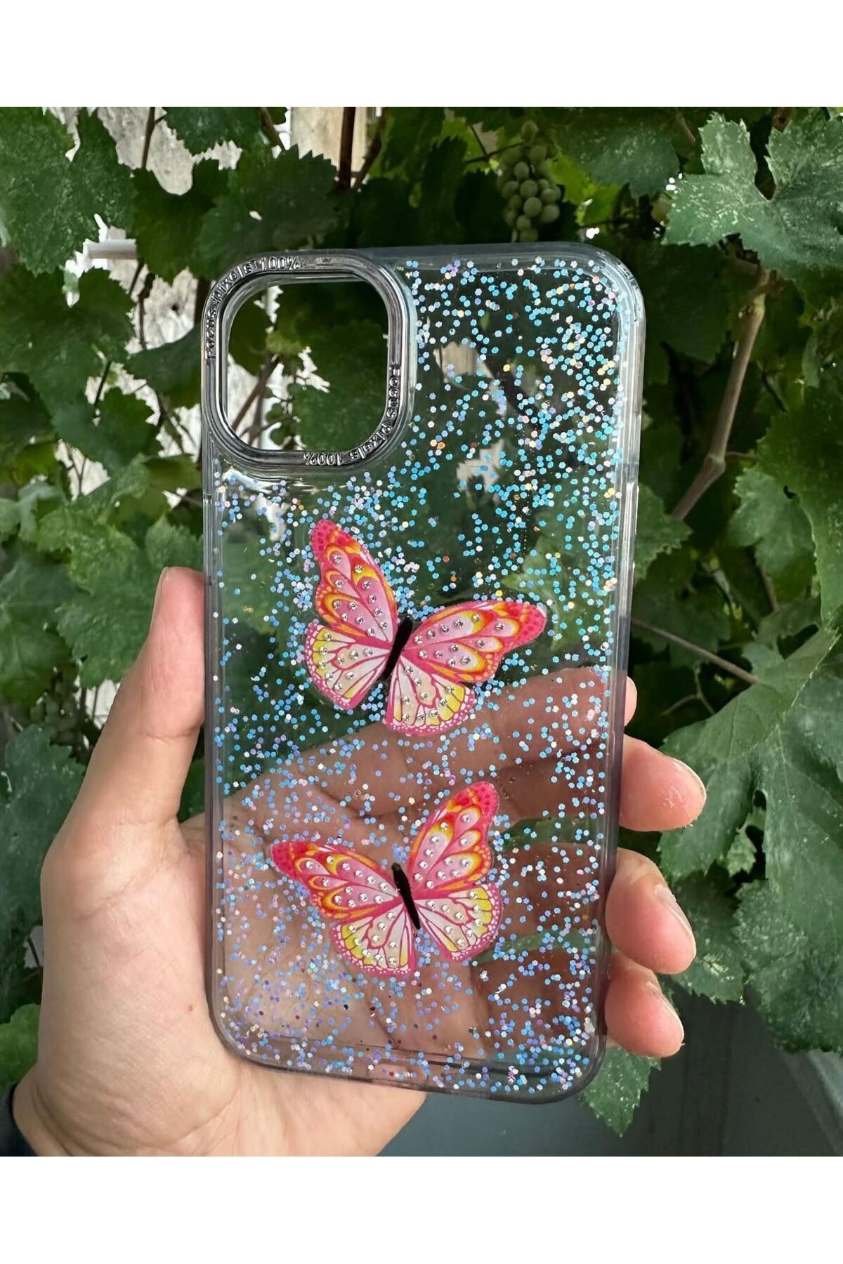UK Apple iPhone 15 Uyumlu Taşlı Simli Kelebekli Kılıf