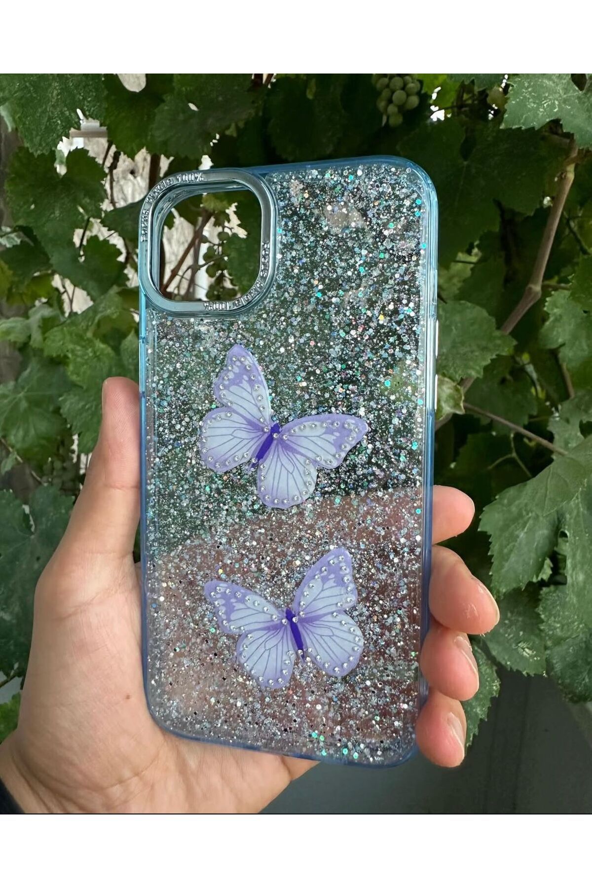 UK Apple iPhone 15 Plus Uyumlu Taşlı Simli Kelebekli Kılıf