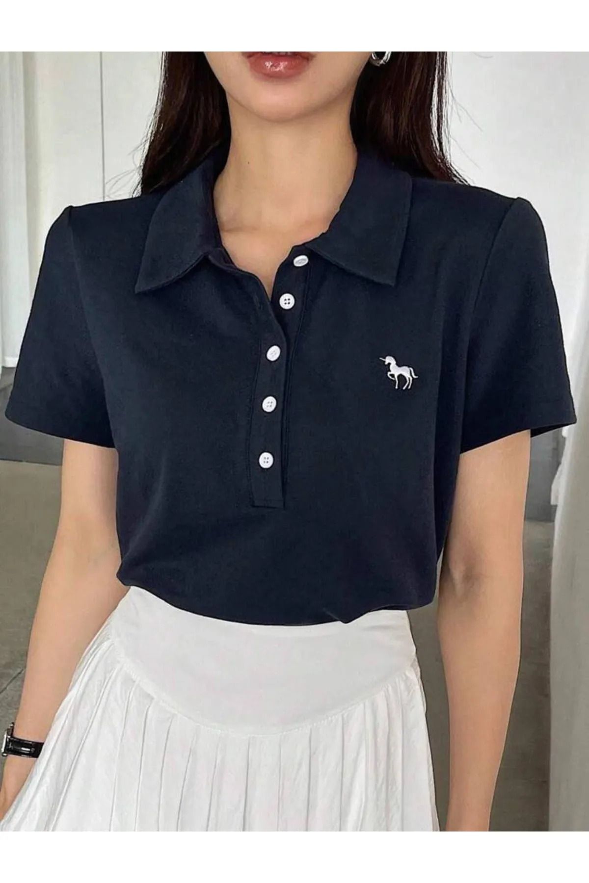 Gofeel Lacivert Tek Boynuzlu At Baskılı Polo Yaka Düğmeli Kısa Kol Tshirt