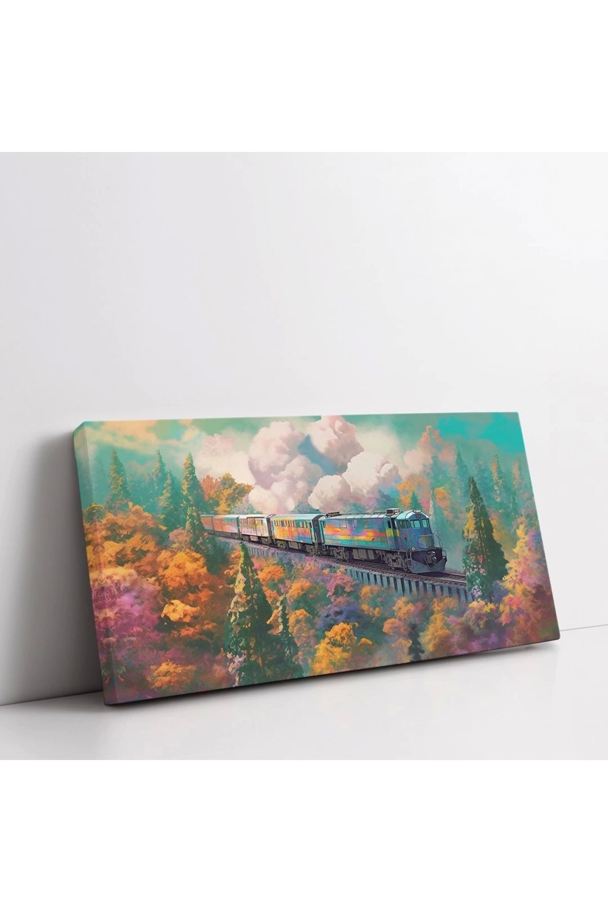 VOGLOO Pembe Çiçekler ve Tren Panoramik Yatay Kanvas Tablo