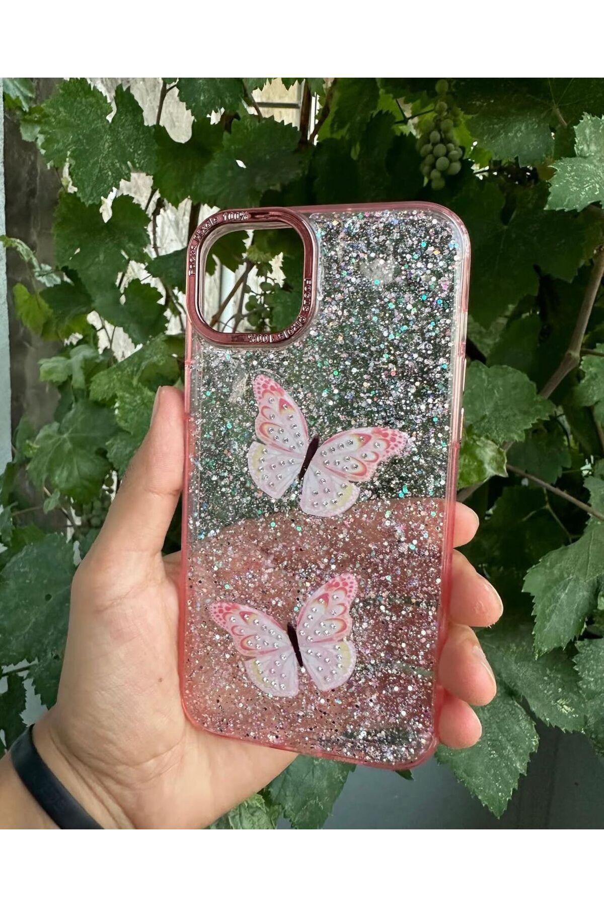 UK Apple iPhone 15 Pro Max Uyumlu Taşlı Simli Kelebekli Kılıf
