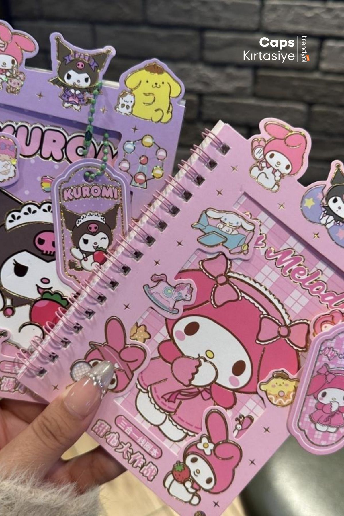caps office 2 Adet Anahtarlıklı Kuromi & My Melody Sticker + Defter Seti 16 Sayfa Sticker 8 Sayfa Not