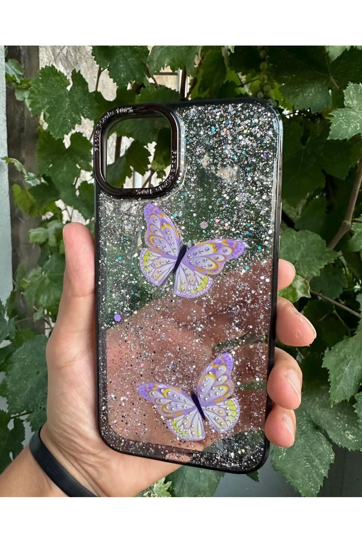 UK Apple iPhone 15 Pro Max Uyumlu Taşlı Simli Kelebekli Kılıf