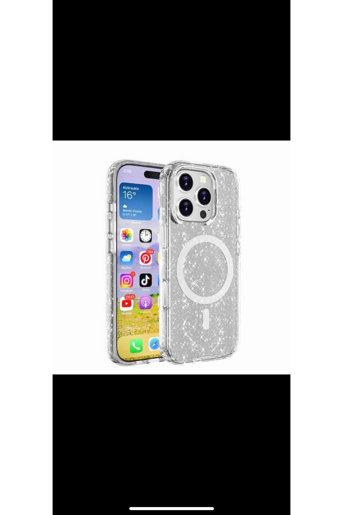 Soffany İPhone 16 Pro Max Uyumlu Kılıf Kablosuz Şarj Destekli Sert Simli Şeffaf Darbe Emici