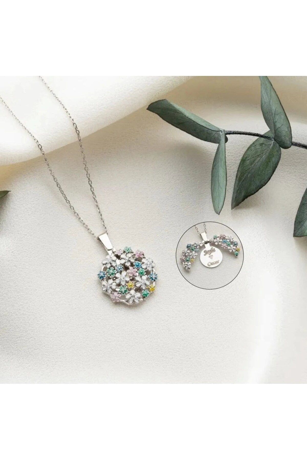 beonejewelry GRAVÜRLÜ ÇİÇEK BUKETİ KOLYE | 925 GÜMÜŞ