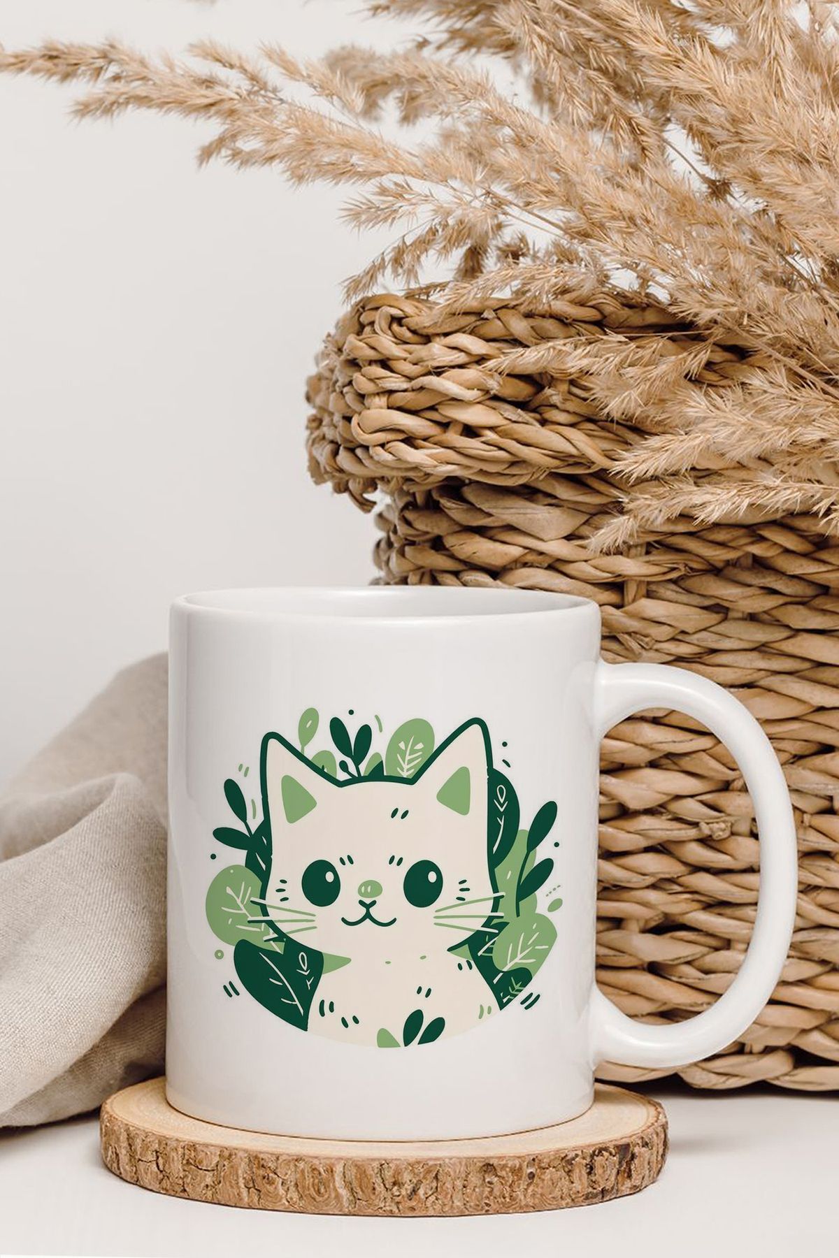 shop Yeşil Yaprak Temalı Kedi Baskılı Kupa