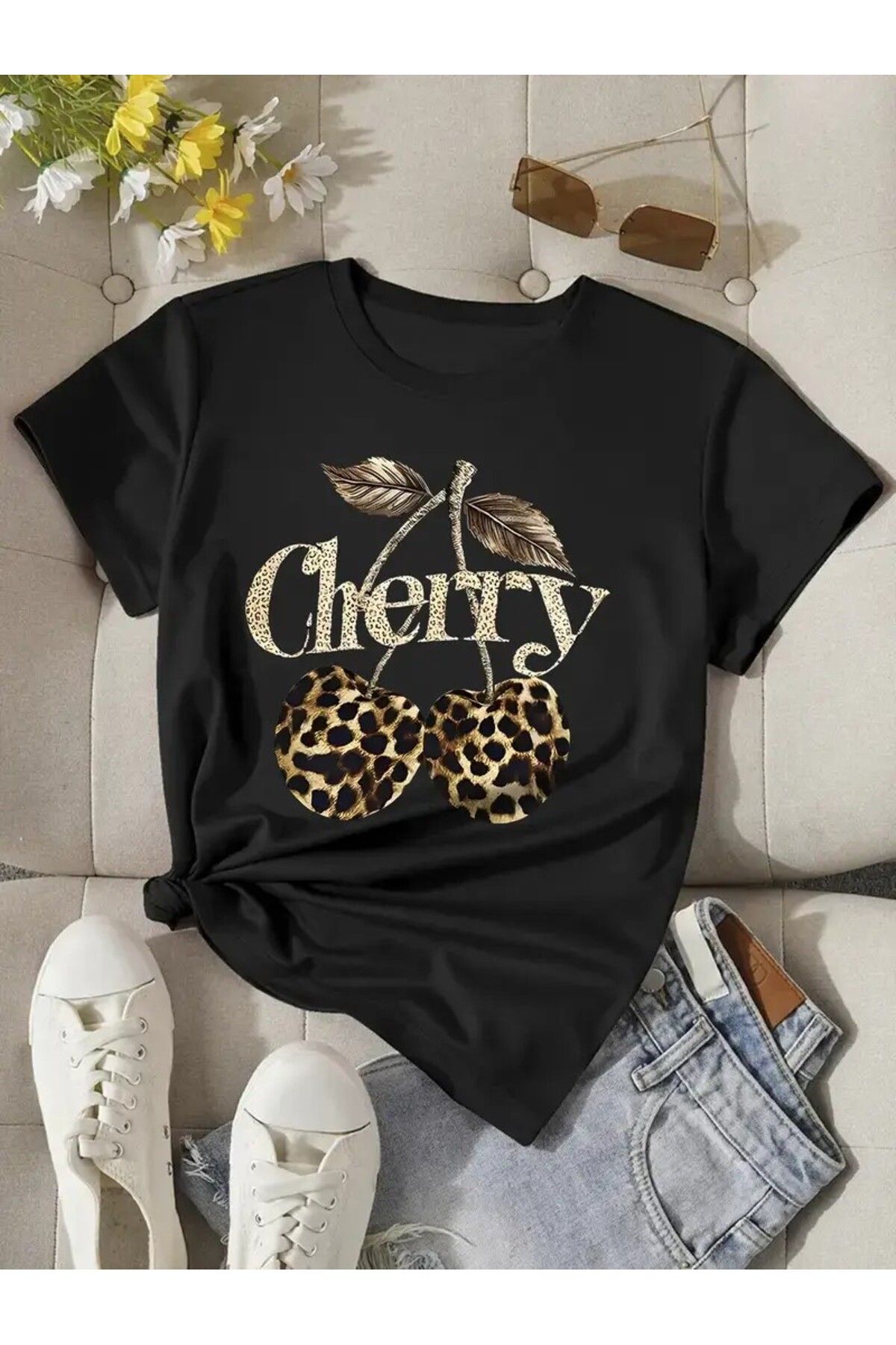 LEIVOR Cherry Leopar Desen Baskılı Kadın Haki yeşili T-shirt