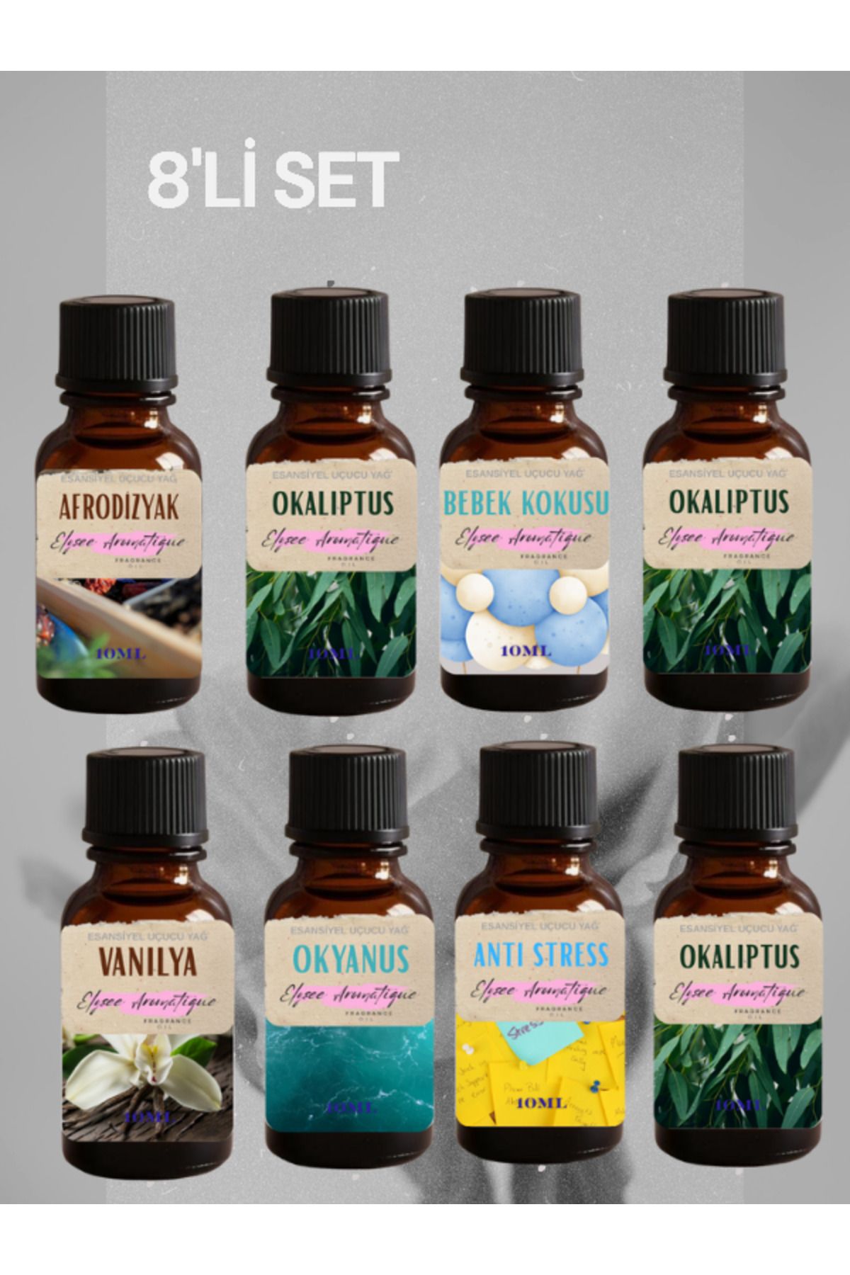 Elysee Aromatique 8'li Set Esansiyel Uçucu Koku Yağı Difüzör Esansı Buhurdanlık Yağı Aromaterapi Yağı