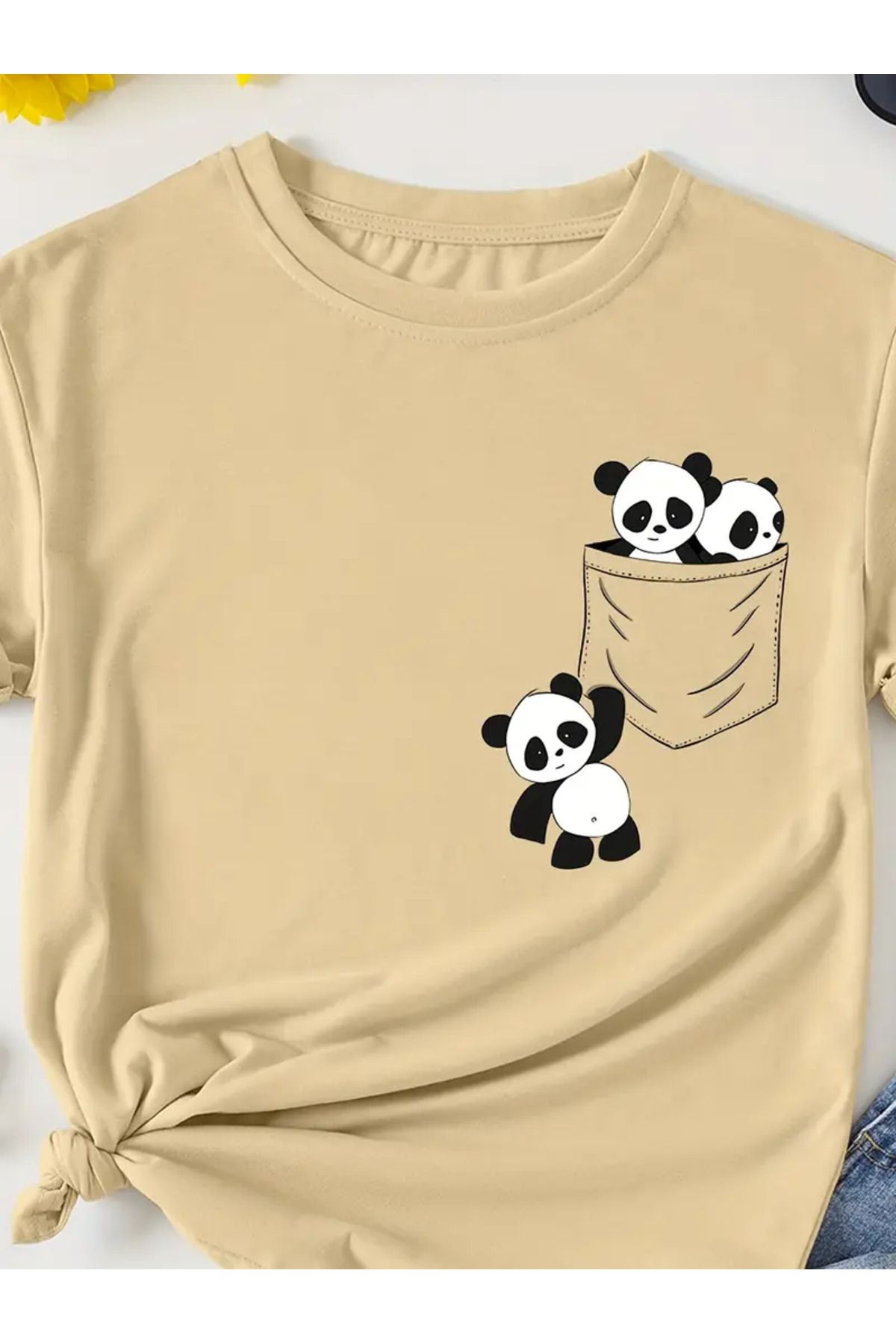 LEIVOR Panda Cep Tasarım Baskılı Kadın T-shirt