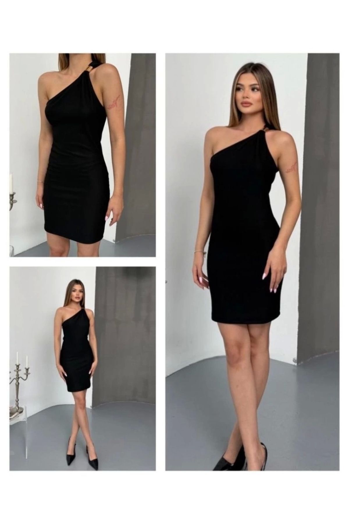 Butik Kadın Ottoman Kumaş Tek Omuz Askılı Toka Detaylı Mini Boy Elbise