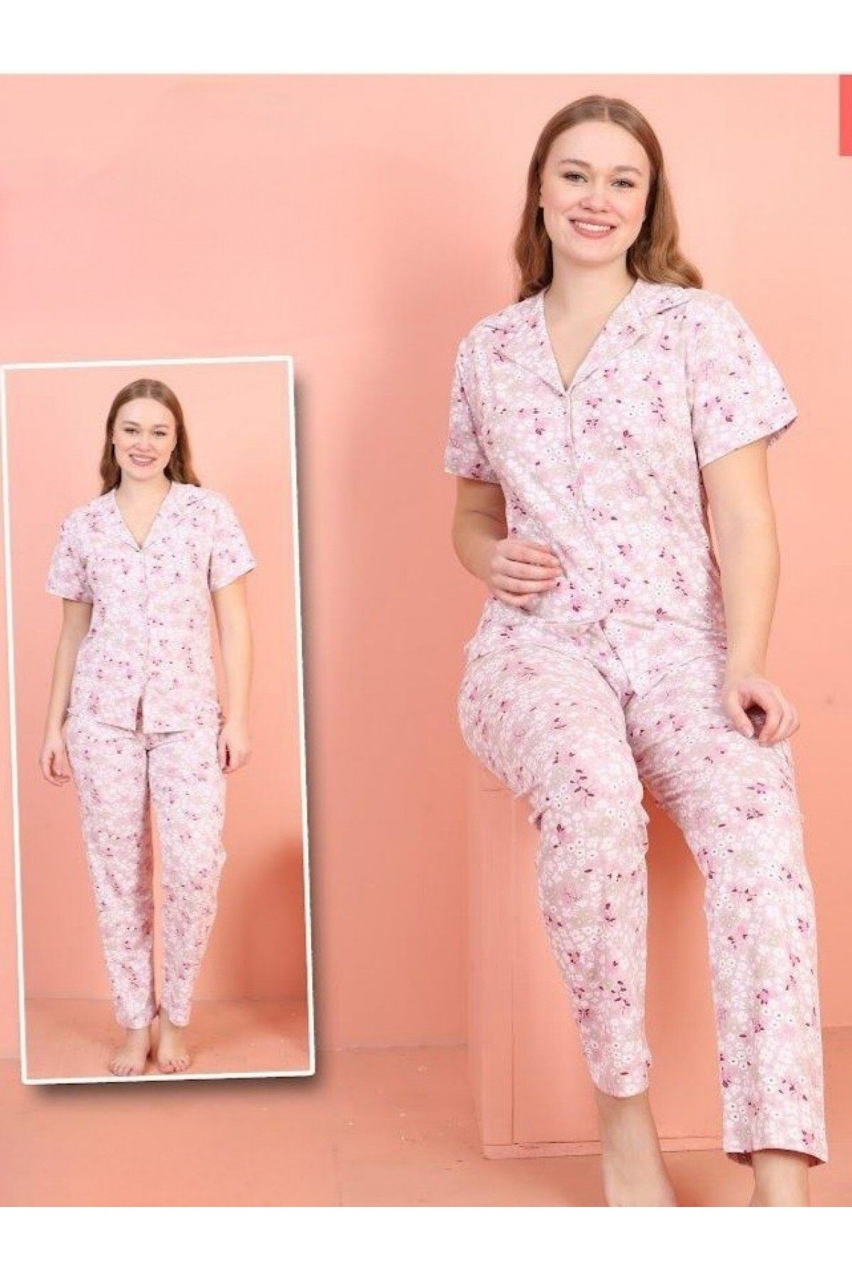 Modamorfo V Yaka Kısa Kollu Çiçek Desenli Pijama Takımı -Lila