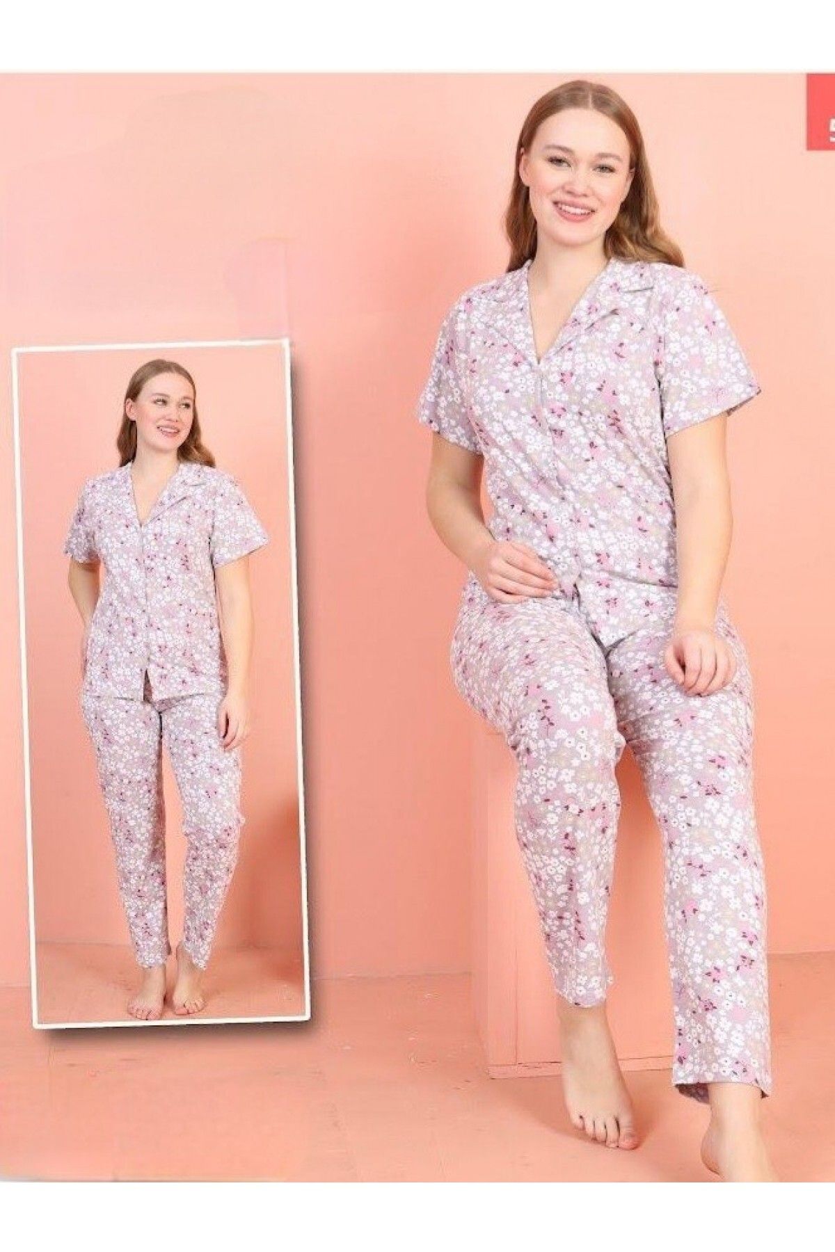 Modamorfo Çiçek Desenli V Yaka Düğmeli Pijama Takımı -Açık Lila