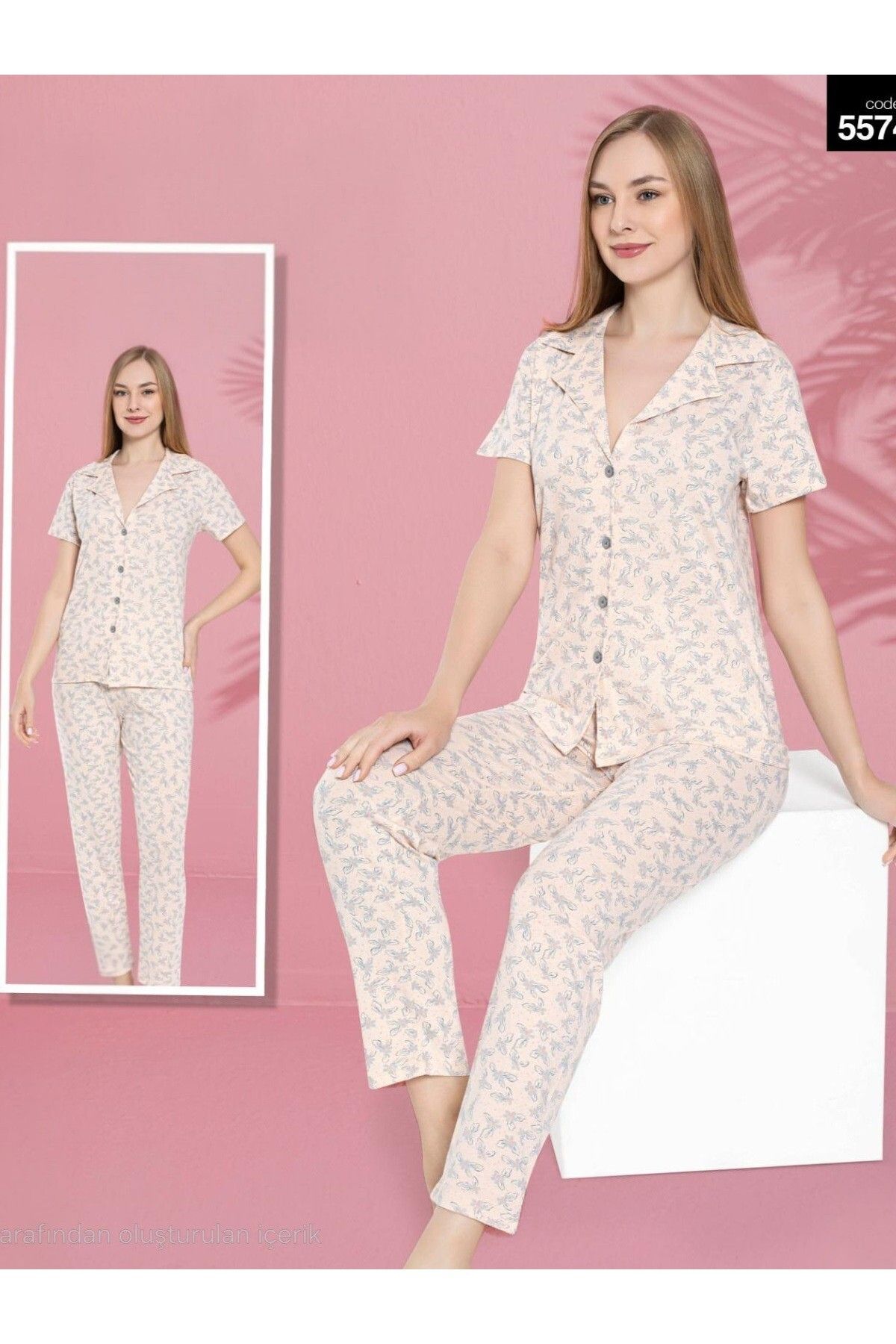 Modamorfo Düğmeli Çiçekli V Yaka Pamuklu Kısa Kollu Pijama Takımı -Yavruağzı