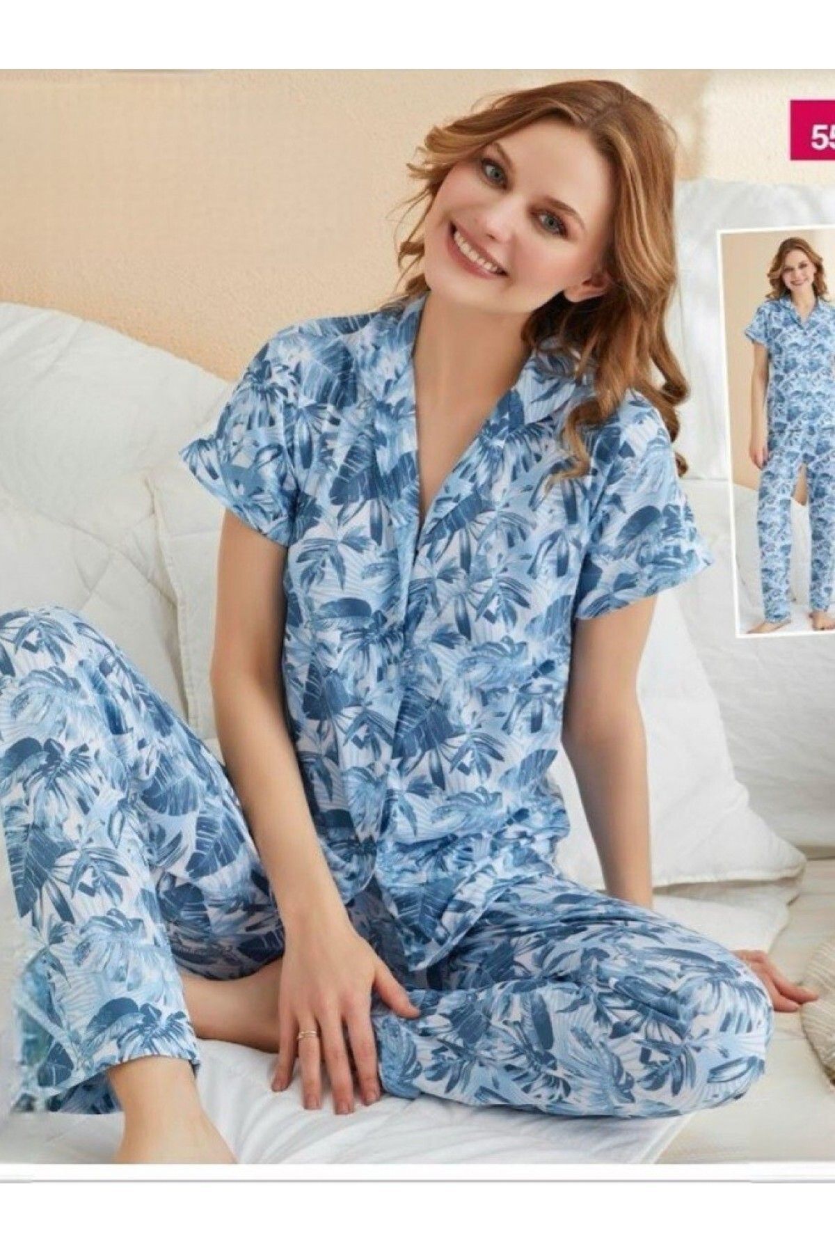 Modamorfo Karışık Yaprak Desenli Viskon Pijama Takımı -Mavi