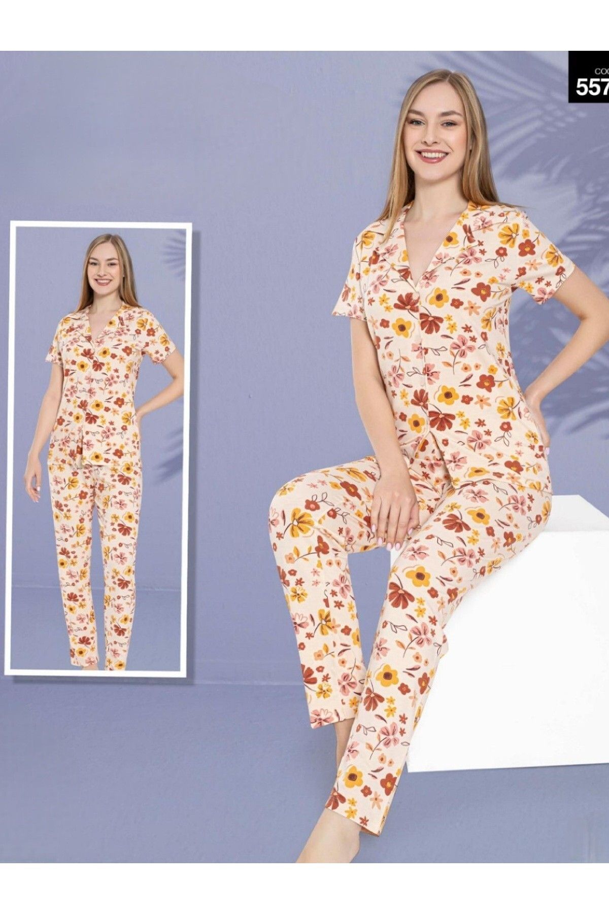 Modamorfo Büyük Çiçekli Düğmeli Kısa Kollu Pijama Takımı -Somon