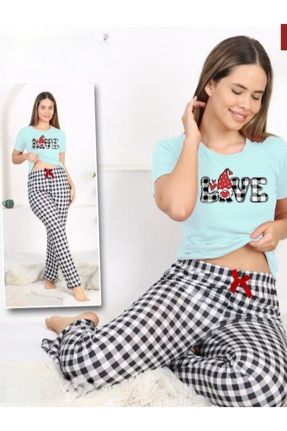 Modamorfo Altı Ekoseli Yazı Desenli Kısa Kollu Pijama Takımı -Su Yeşili