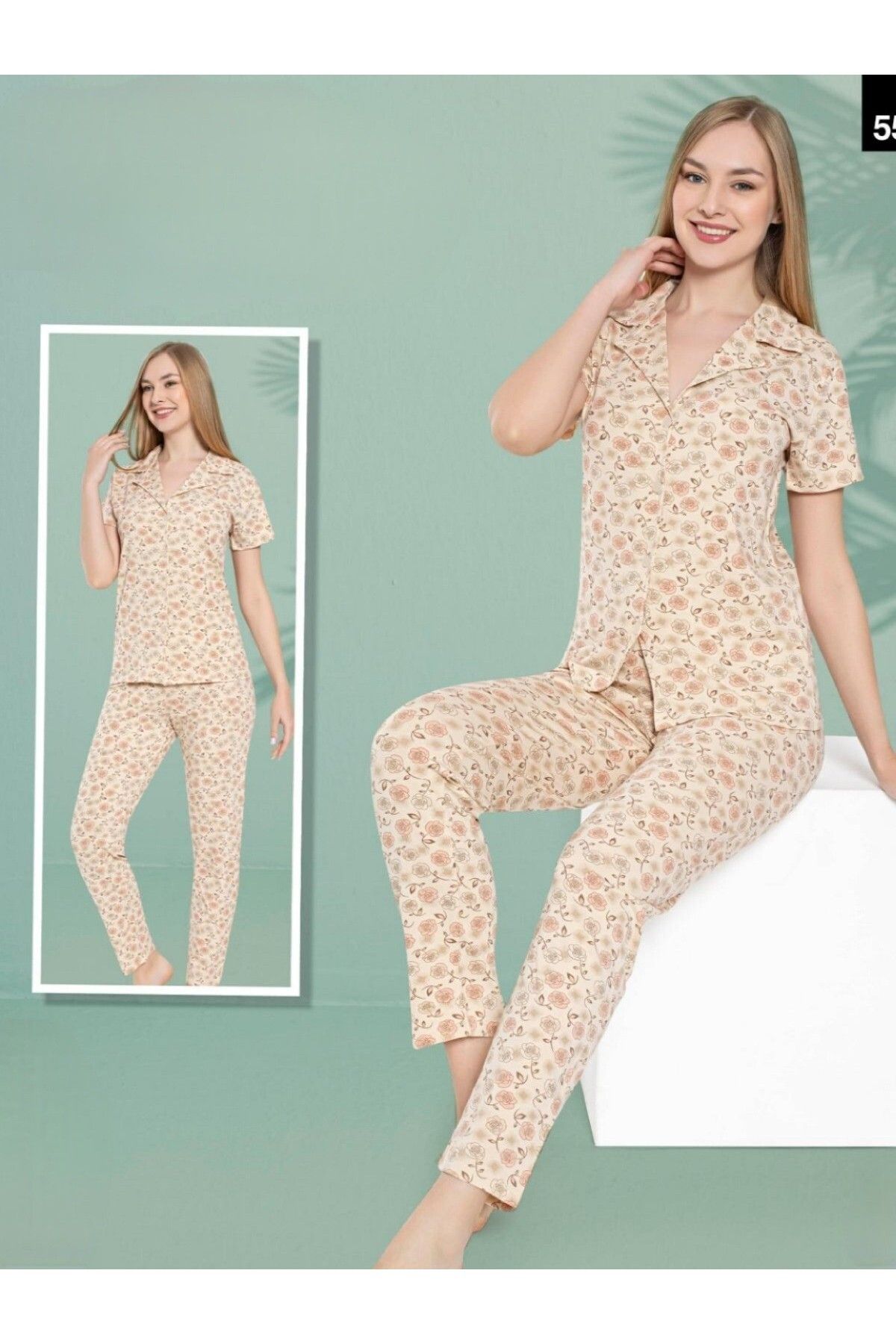 Modamorfo Gül Desenli Düğmeli Pijama Takımı -Somon