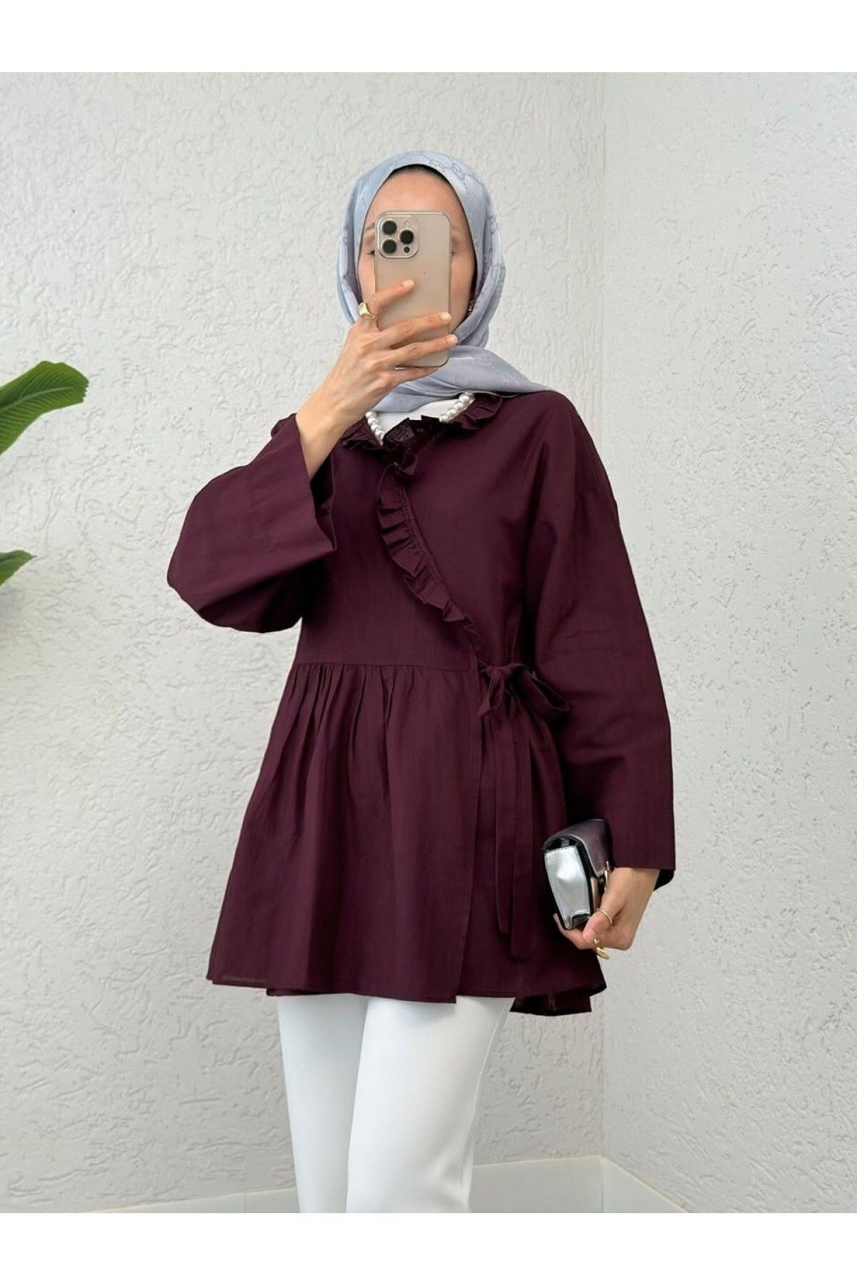Modamorfo Yakası Fırfırlı Yandan Bağlamalı Keten Kimono -Mürdüm