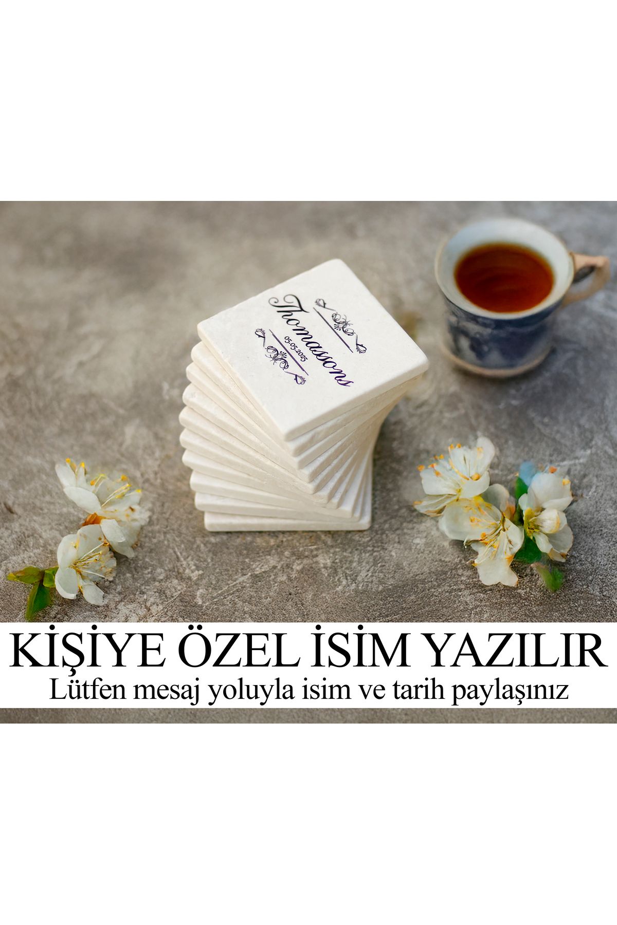 marbelix Kişiselleştirilen 6'lı Set Silva Bej Mermer Bardak Altlığı #1 - 10cm - Mesajla İsim Tarih Belirtin